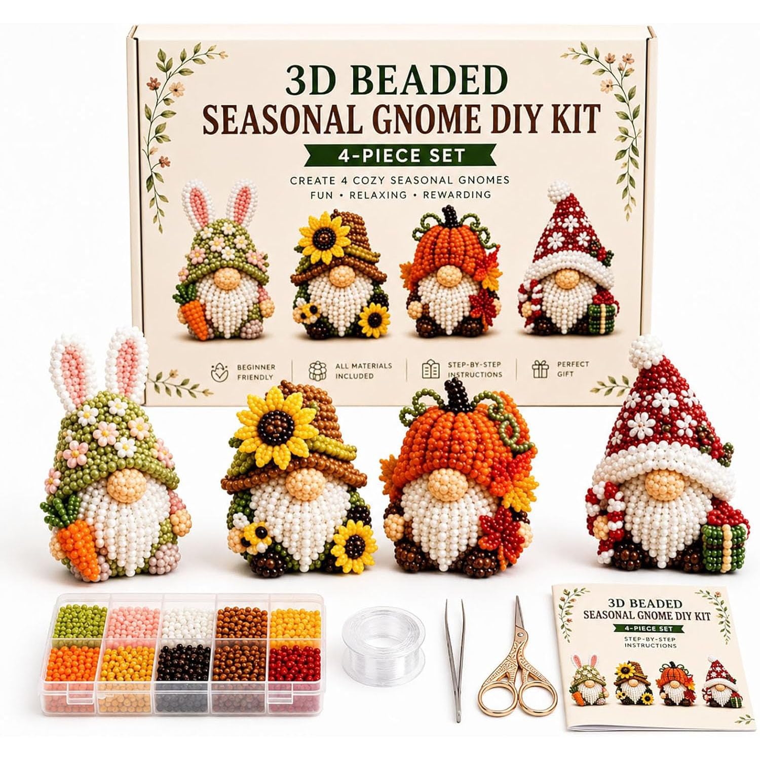 JYEVERC 3D Beaded Gnome DIY Kit, Handmade DIY Gnomes Beading Set with Instructions, Cute Animals Gnome Bead Embroidery Kit, Gnomes Art Embroidery Craft Kits, for Adults Beginners (Style-A,8CM)