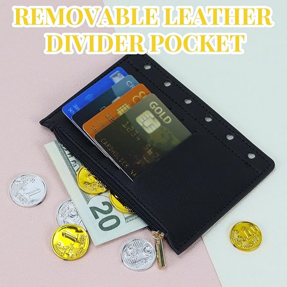 MultiBey A7 Refillable 6 Ring PU Leather Binder with Zip Wallet Bag & Pen | Mini Padfolio Binder Notebook Cover for A7 Filler Paper, Loose Leaf Personal Planner & Budget Binder Cover (Black)