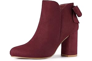 Women's Round Toe Bow Decor Chunky Heel Ankle Boots in Burgundy