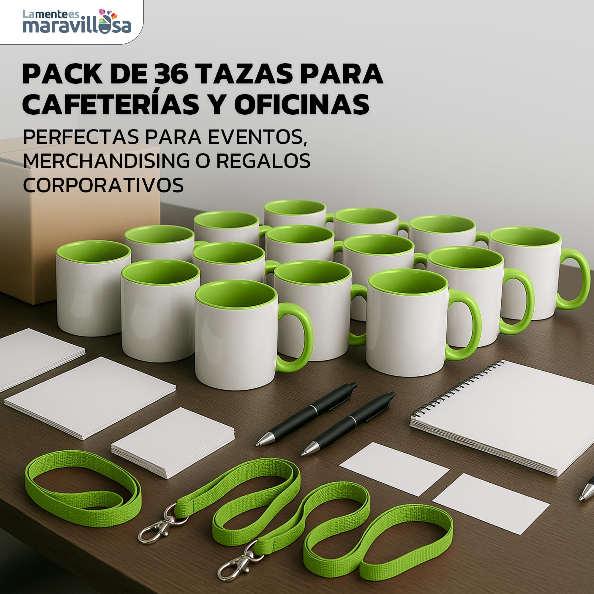 LA MENTE ES MARAVILLOSA - Tazas de Cerámica para Sublimación【Pack de 36】 11 oz/330 ml - Regalo Original | 8x10 cm | Ideales para Café, Té e Infusiones, Aptas para Microondas (Blanco/Verde)