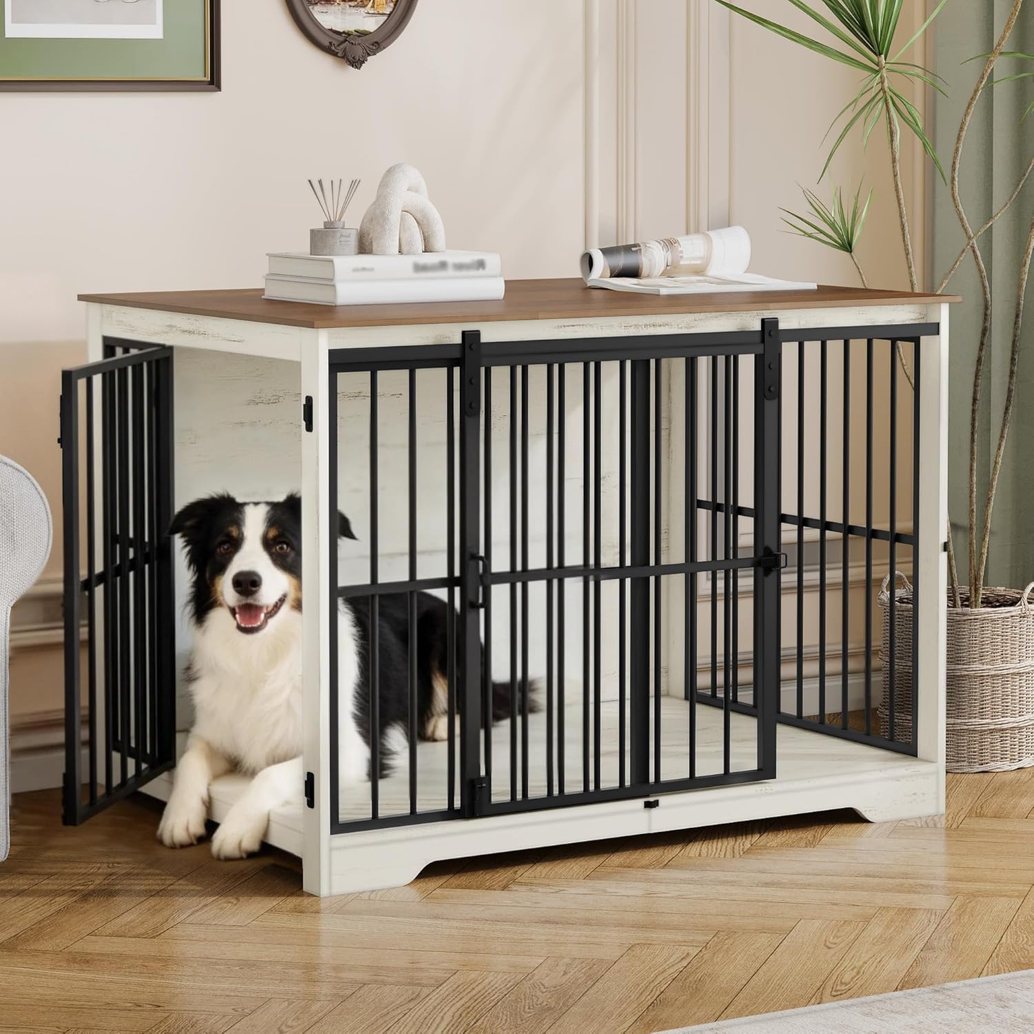 Hzuaneri XL Large Dog Crate Furniture, 44.1" Indoor Dog Kennel Furniture with Barn Door, Wooden Tall Dog Crate, Heavy Duty Dog Cage for Large Dogs, Side End Table, Anti-Chew, White Brown DFC80114B