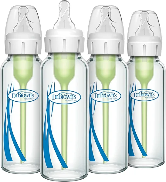 Dr. Brown's Anti-Colic Options+ Narrow Glass Baby Bottle with Level 1 Slow Flow Nipple, BPA-Free, 8 oz/250 mL, 4-Pack
