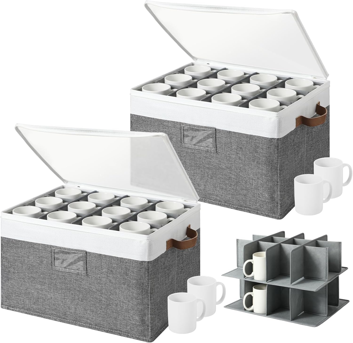 2 Pack 2 Layer Mug Storage Box with Dividers Quilted Coffee Cup Storage Organizer with Zipper Lid and Handles Stackable Cup Organizers for 24 Coffee Mugs Moving Glassware Protection