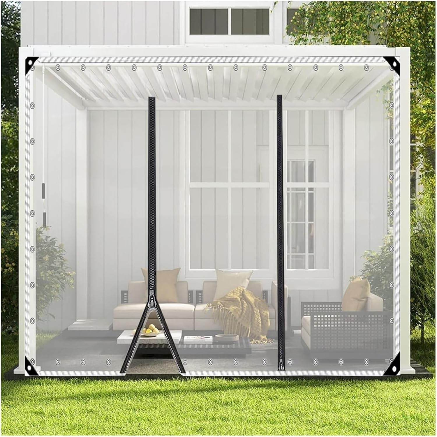 Clear Vinyl Curtains with Zippered Entry, Transparent Tarp Heavy Duty Waterproof and Tear-Resistant Tarpaulin with Grommets for Patio Gazebo Balcony Porch Pergola(H2.4xW3.5m/H7.8xW11.4ft)