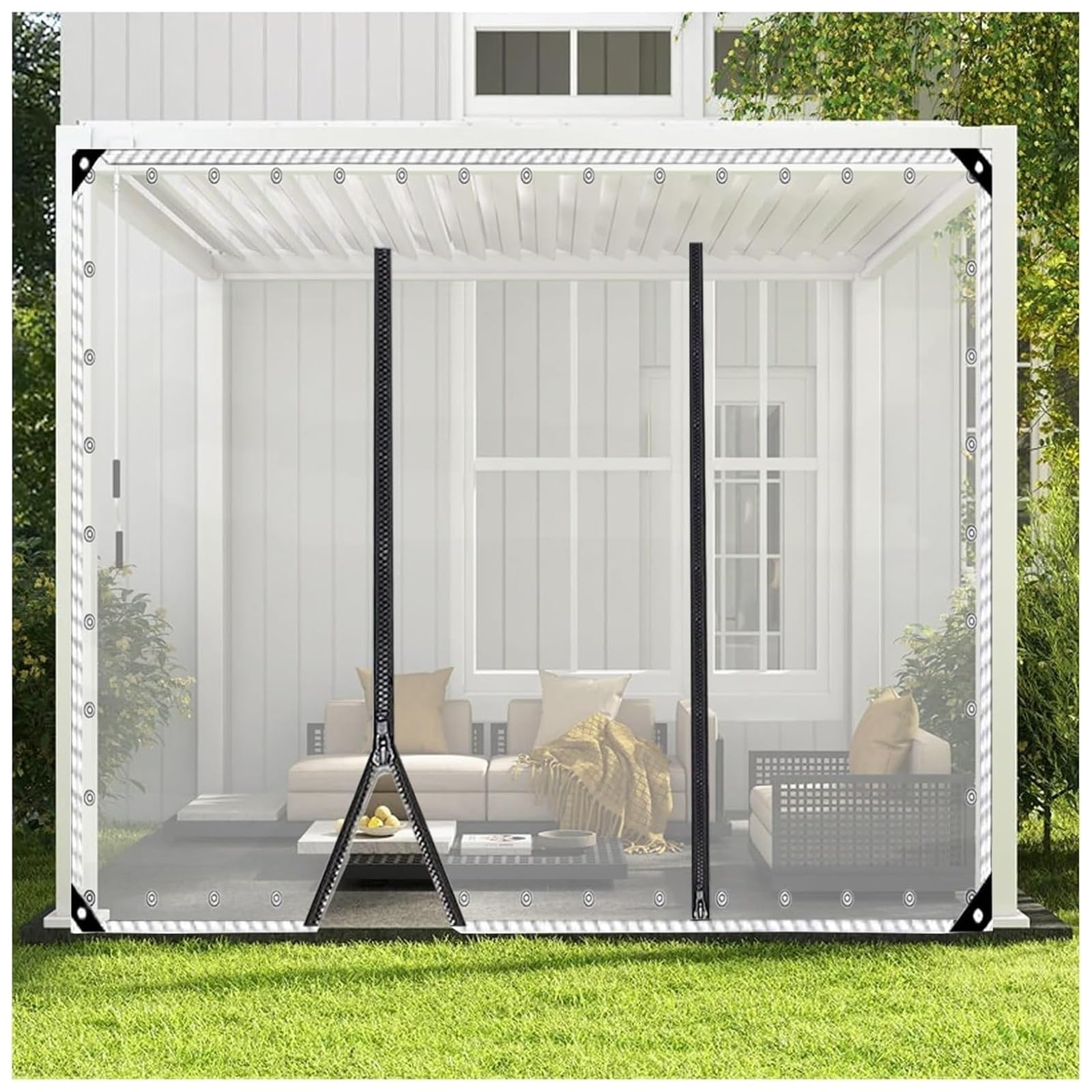 Clear Vinyl Curtains with Zippered Entry, Transparent Tarp Heavy Duty Waterproof and Tear-Resistant Tarpaulin with Grommets for Patio Gazebo Balcony Porch Pergola(H1.8xW1.8m/H5.2xW5.9ft)