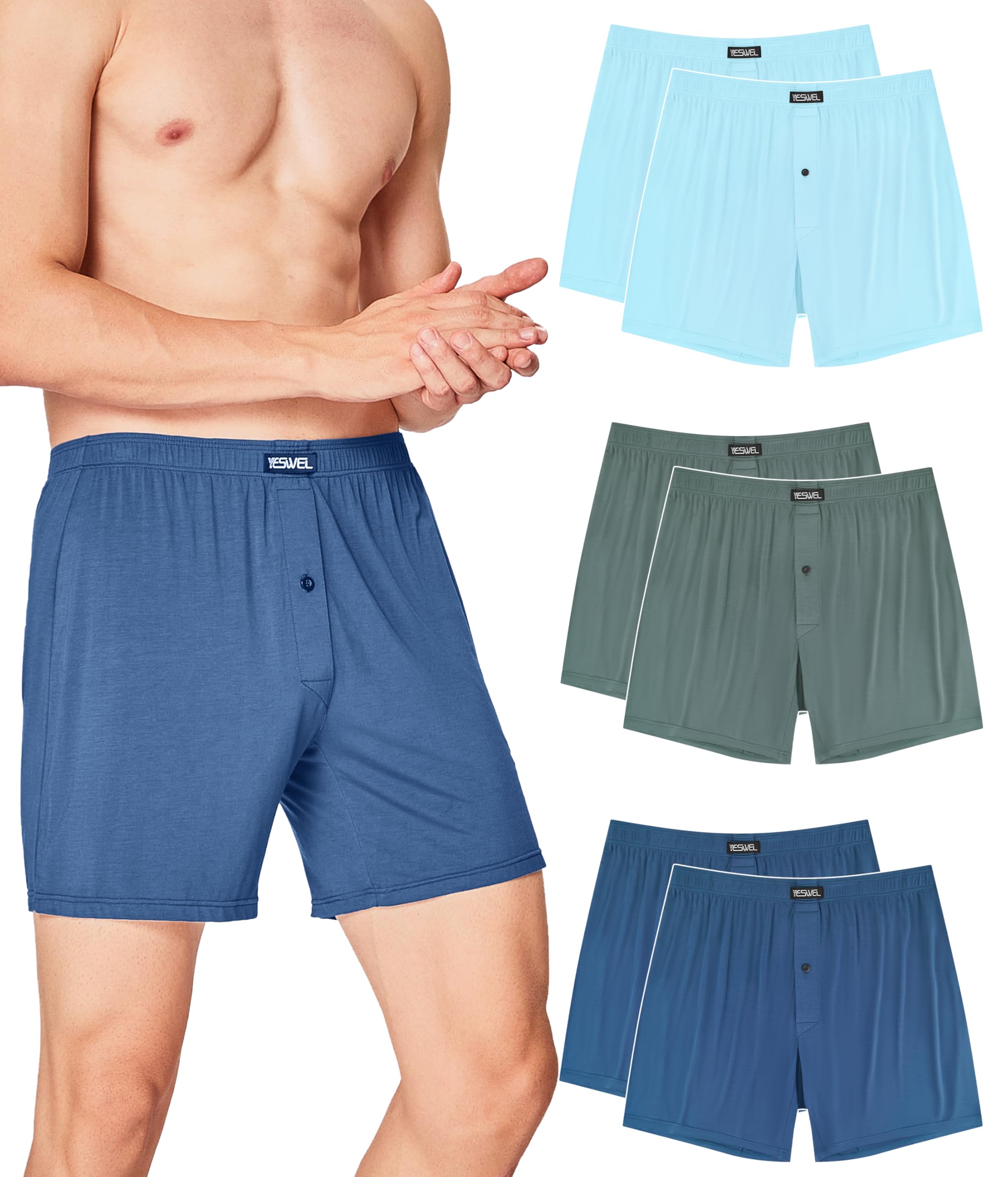 YESWEL Bambus Boxershorts Herren，6er Pack Atmungsaktive Unterhosen Männer, Lockere Retro Unterwäsche mit Eingriff (M -3XL)