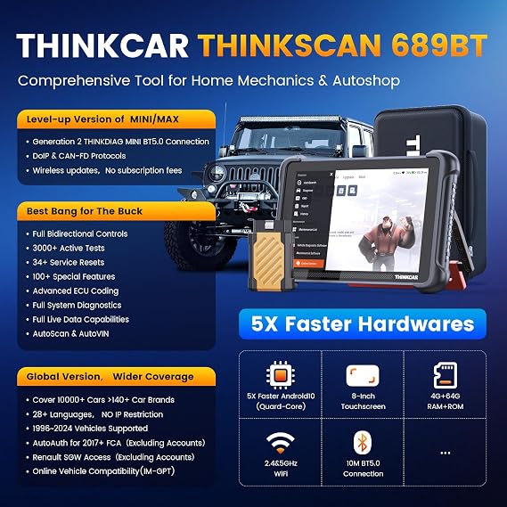 THINKCAR Car Diagnostic Tool, TK689BT Bidirectional Diagnostic Tool, All System Automotive Diagnostics, OBD2 Car Scanner with Action Test, 34+ Reset, FCA Autoauth, CANFD&DoIP, Wireless Update