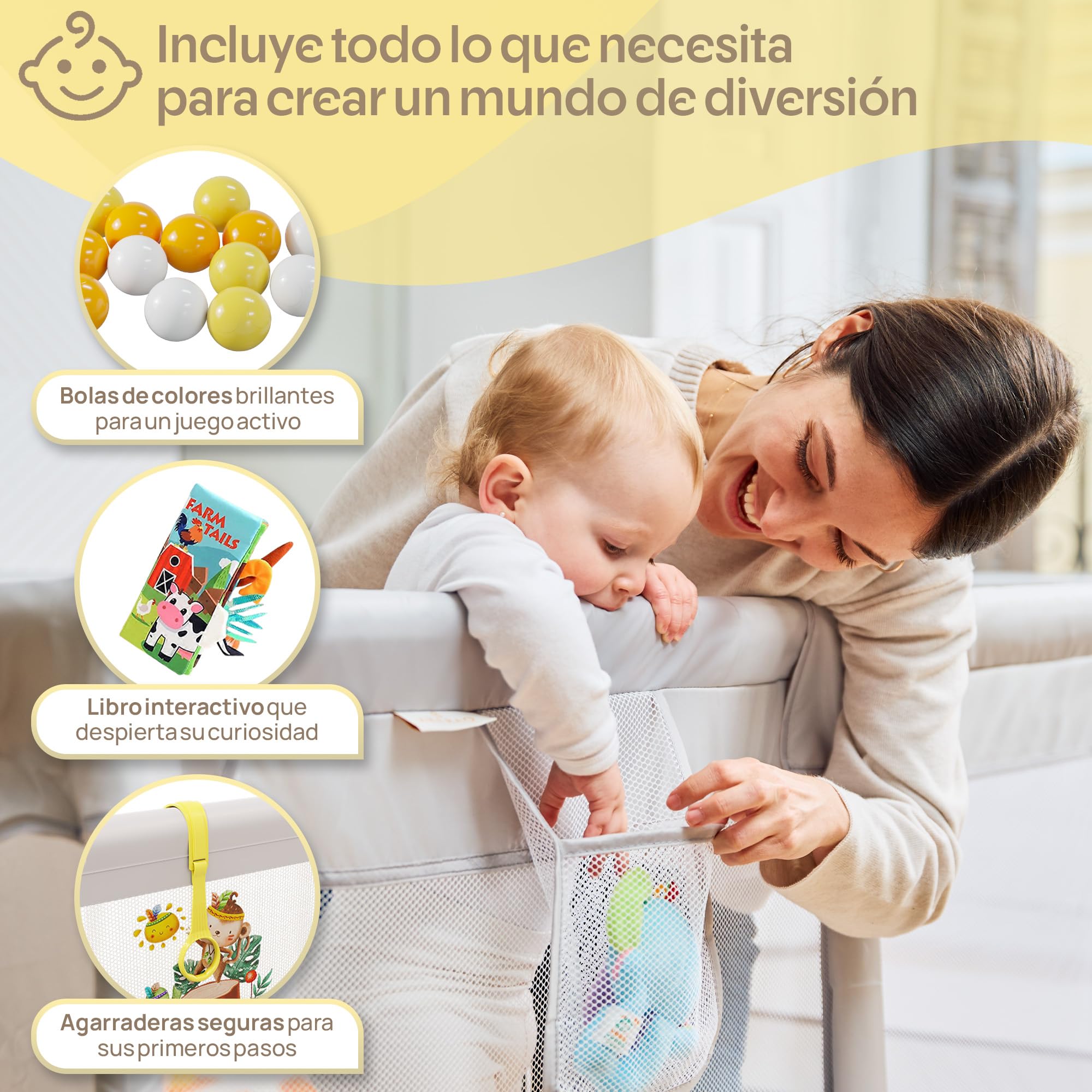 Parque Infantil Bebé 150x150cm con Malla Ilustrada y Esterilla Reversible – Corralito Acolchado Seguro, Libro Sensorial, Bolas y Agarraderas | AKERAQ