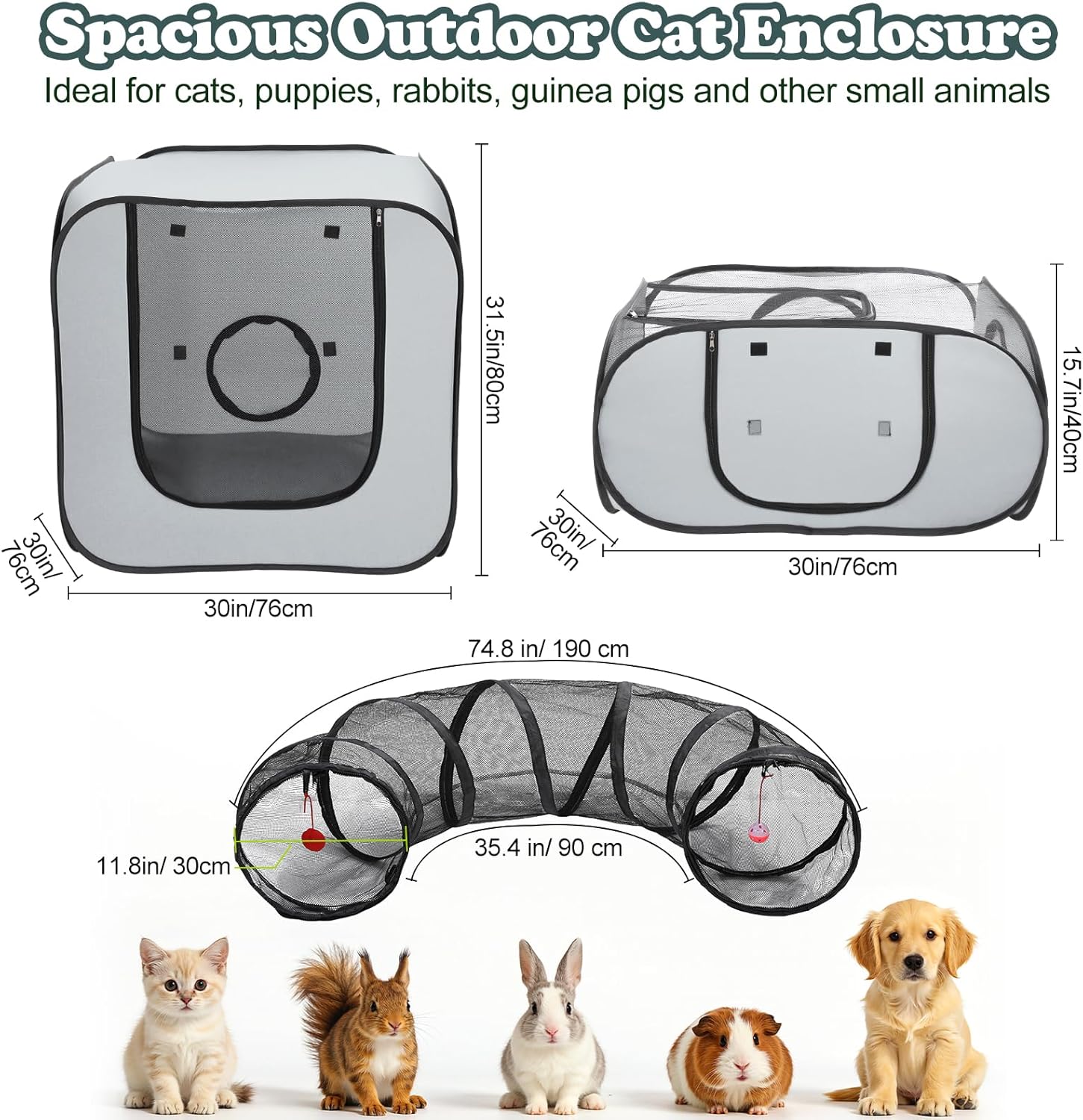 Cat Playpen, 3-in-1 Pop-up Outdoor Cat Enclosure with 2 Rooms 1 Tunnel, Breathable Pet Playpen for Indoor Outdoor Use, Portable Catio Tent with Carry Bag for Kitten Rabbit Small Animals, Gray