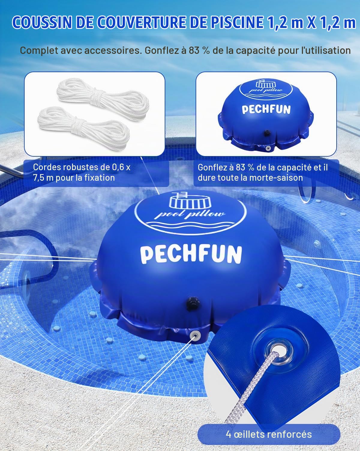 Coussin Piscine Hivernage, 120×120cm Coussin Hivernage Piscine Hors Sol, avec Valve de Sécurité et Double Couture, Kit de réparation Inclus, Circulaire
