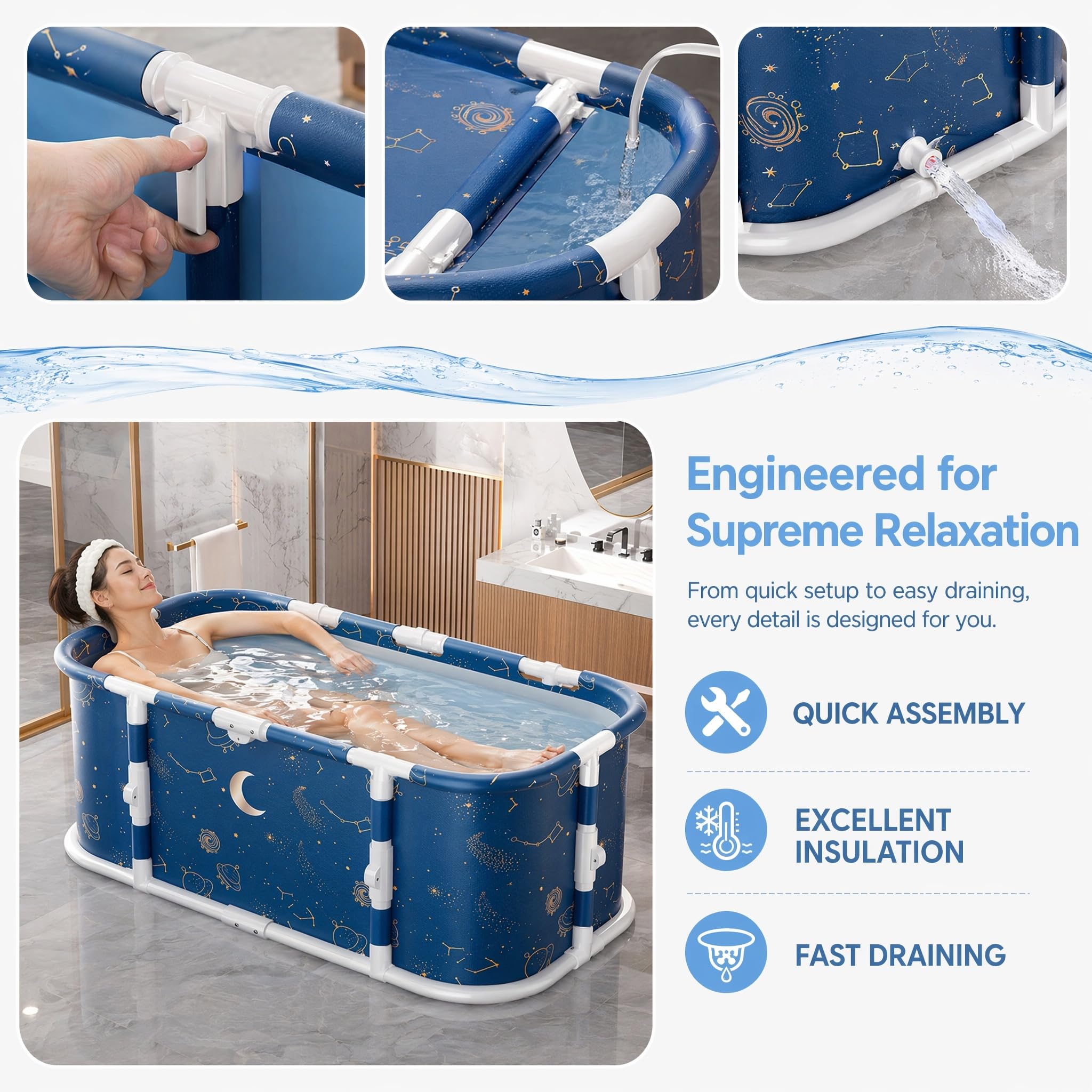 120×60×50cm faltbare Badewanne Erwachsene, tragbar mit Duschanschluss | Für Eisbad & Warmspa, innen & außen nutzbar, platzsparend zusammenklappbar ohne Montage