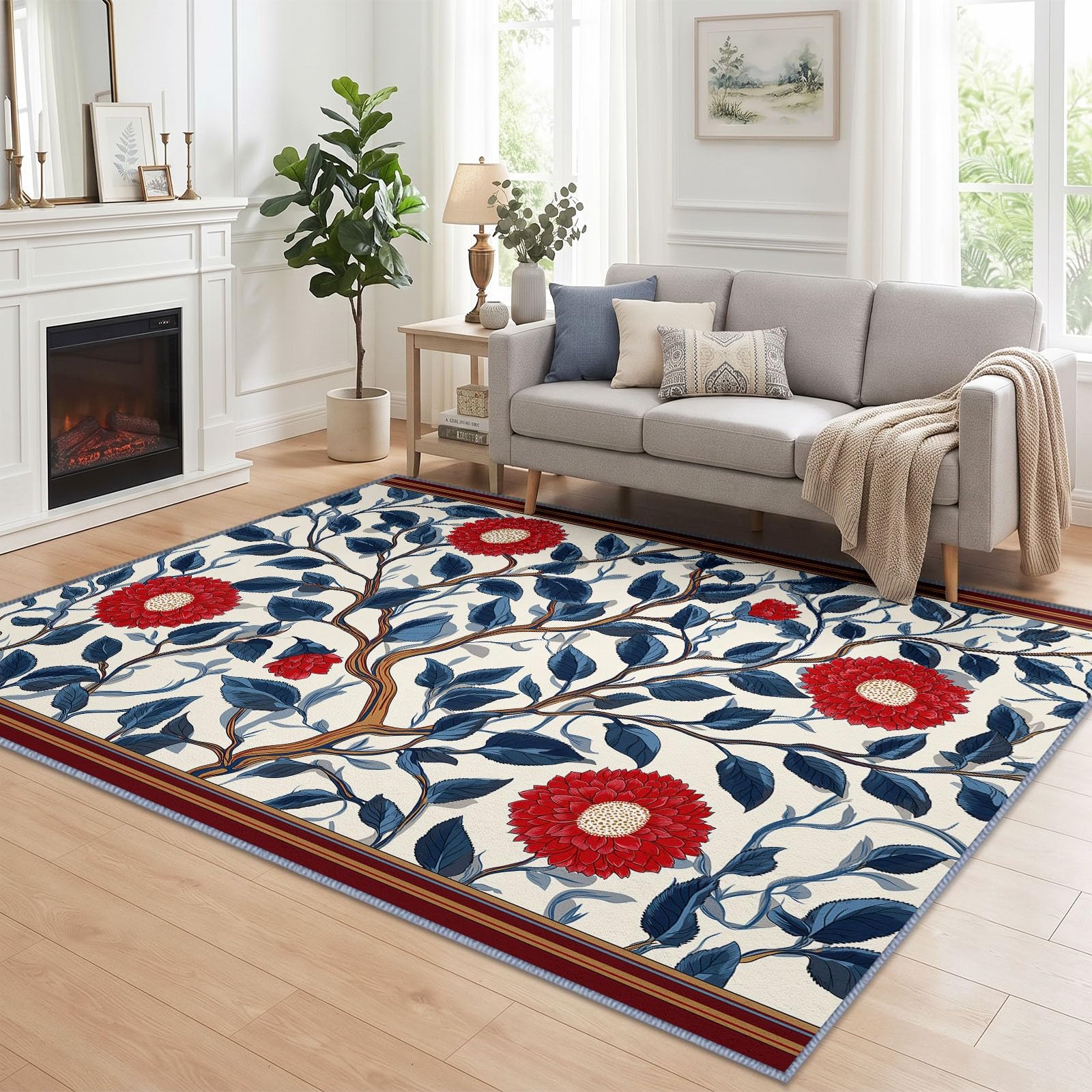 Générique Tapis Salon Motif Floral Rouge Oriental Vignes 100 x 160 cm, Lavable en Machine Tapis de Sol Vintage Traditionnel Doux Antidérapant pour Entree Interieur, Chambre, Salle à Manger