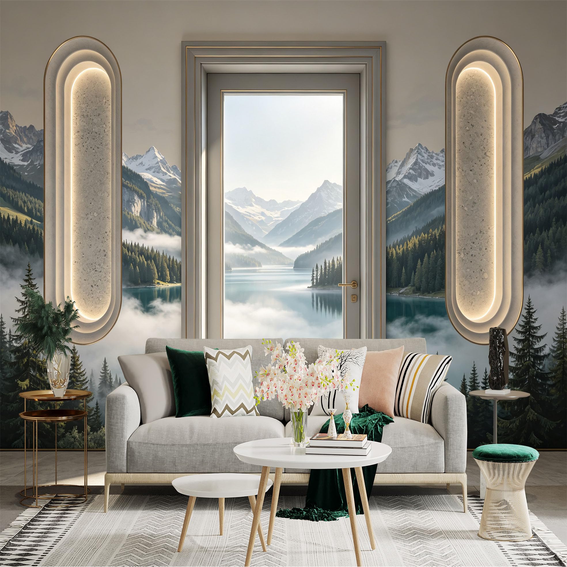 Custom Size Wall Sticker Mural， Misty Mountain Lake Forest Landscape， Scenic Nature View， for wall Decoration， peelandstick wall Decals.