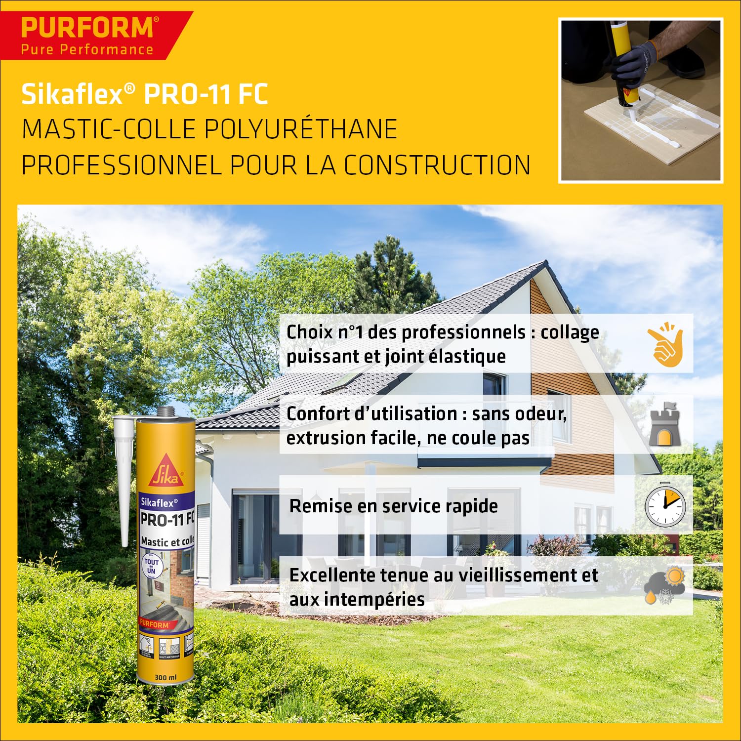 SIKA - Protection hydrofuge tout en 1 - Pour façade, toiture, terrasse et sol - Prêt à l'emploi - 20L + Mastic-Colle PU - Tout en 1 - Multi-matériaux - Int/Ext - Blanc- 300ml + Pistolet d'application