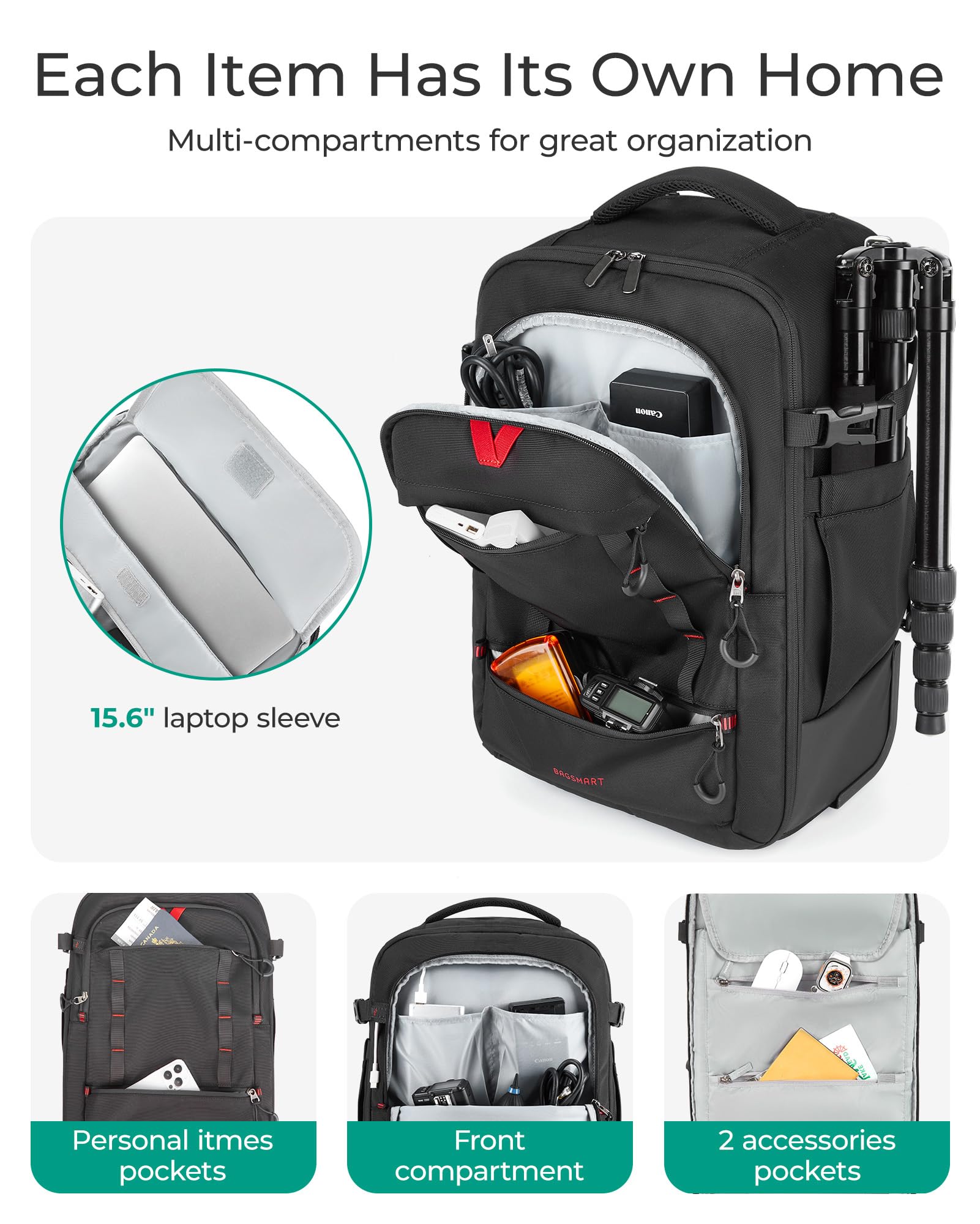 BAGSMART Rolling Camera Bag for DSLRs, Professional Large Camera Backpacks for Travelling Photographers, Photographic Rolling Case & Travel Suitcase, Black