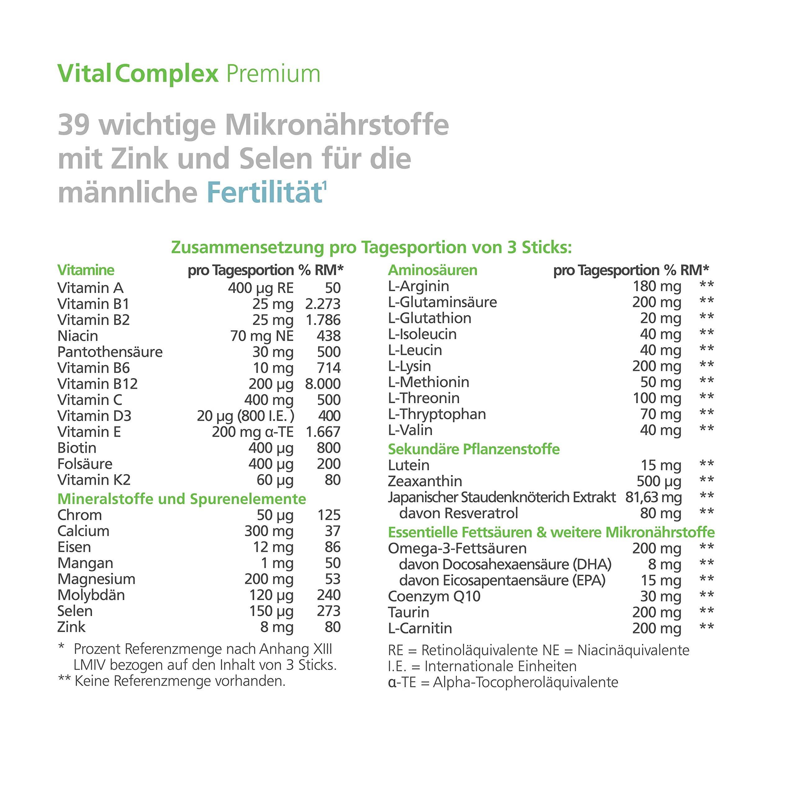 VitalComplex Premium – 39 Mikronährstoffe für Männer mit Kinderwunsch | All-in-One Formel unter anderem mit Selen, B-Vitaminen & Aminosäuren – Zink trägt zu normaler Fruchtbarkeit bei