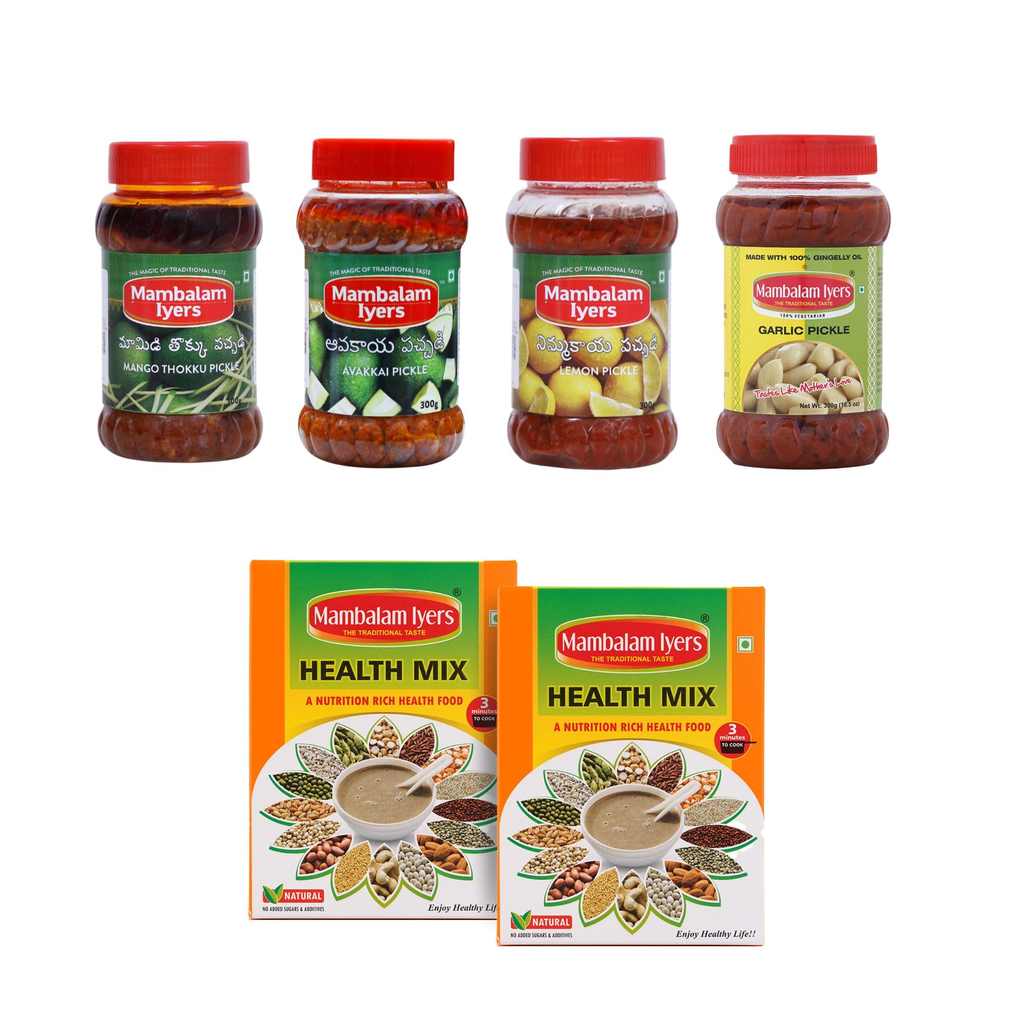 Pickle Bumper Combo - Mambalam Iyers Mango Thokku + Avakkai Mango + Lime Pickle + Garlic Pickle + Multi Millet Health Mix