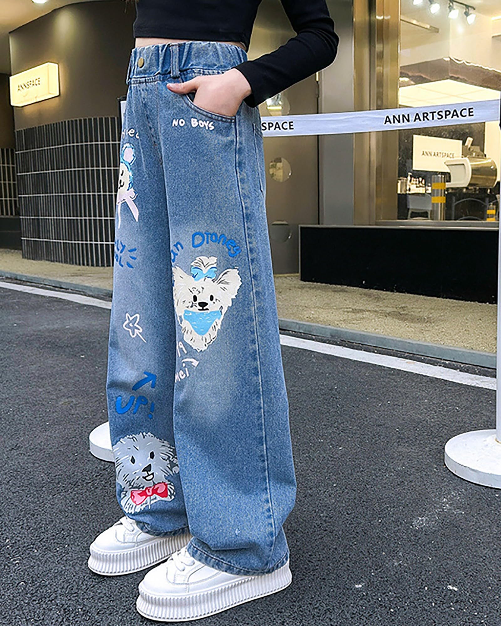 Dziewczęce dżinsy z szerokimi nogawkami, luźny krój, dżinsy, styl vintage, luźne, szerokie nogawki, streetwear z kieszeniami, elastyczny ściągacz