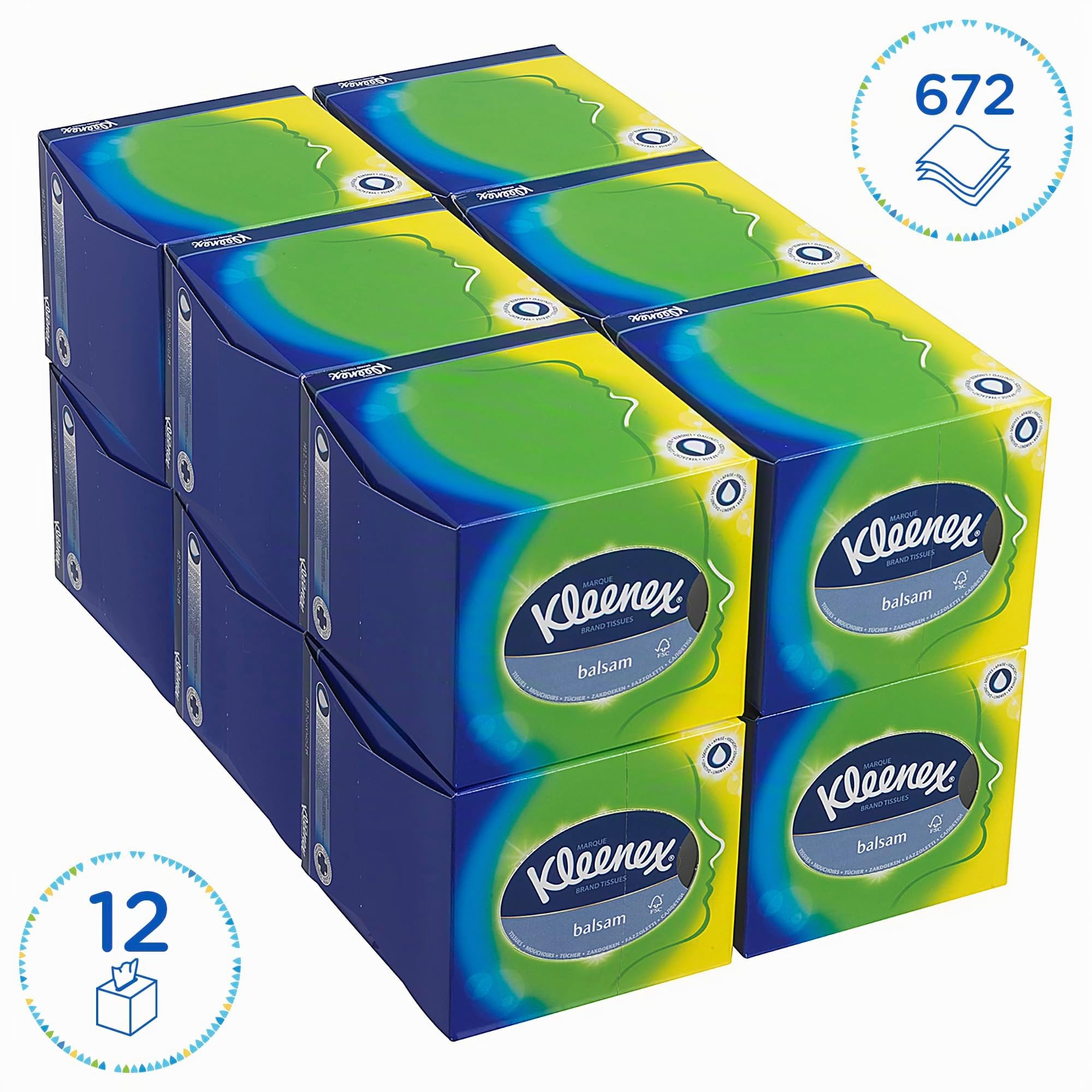 Kleenex Mouchoirs en Boîte Cubique, 3 Épaisseurs, Blancs, Ultra Doux, Absorbants, Sans Parfum, 12 Boîtes x 56 Mouchoirs (672 au Total), article 8825