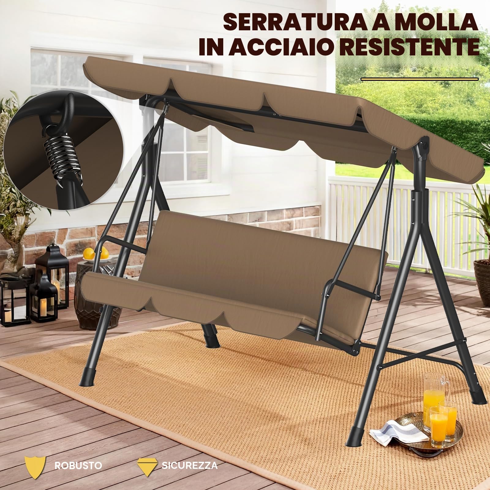 Dondolo da giardino a 3 posti, tettuccio parasole regolabile, imbottitura, acciaio, 175x110x152 cm, per giardino e terrazza, portata 200 kg, marrone