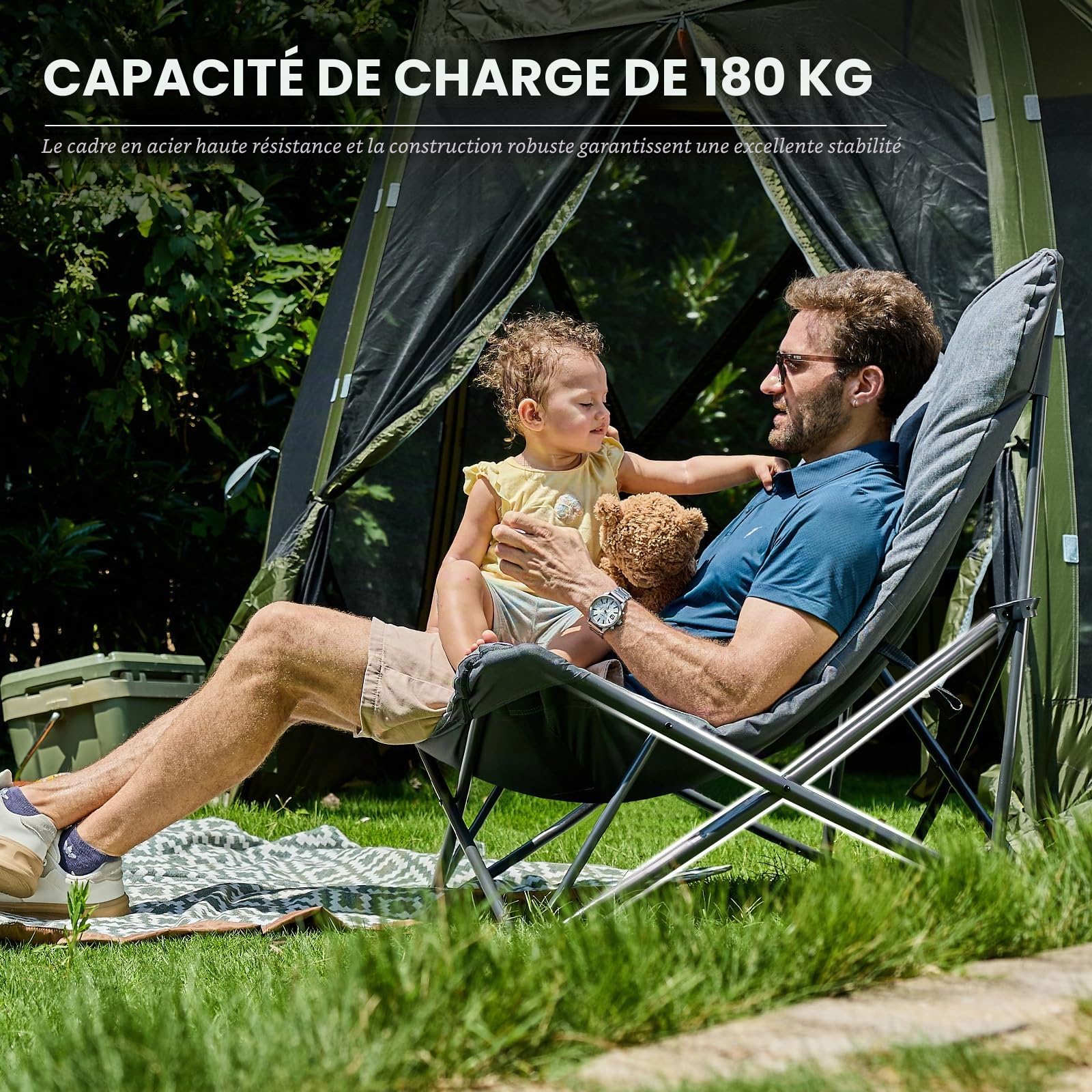 EVER ADVANCED Chaise de Camping Pliable XXL 180kg, Dossier Haut | Chaise pliante surdimensionnée à dossier haut, relax pour camping, jardin, balcon, pêche, intérieur, grise