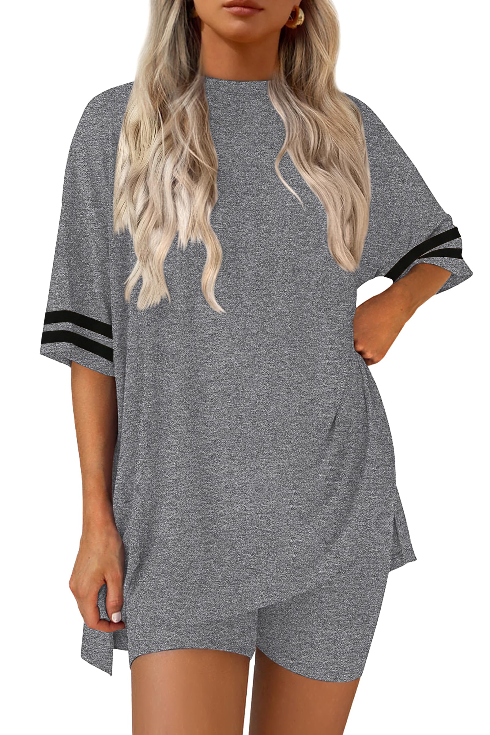 Ekouaer Womens Pajamas Casual 2 Piece Short Sleeve Biker Shorts Lounge Set