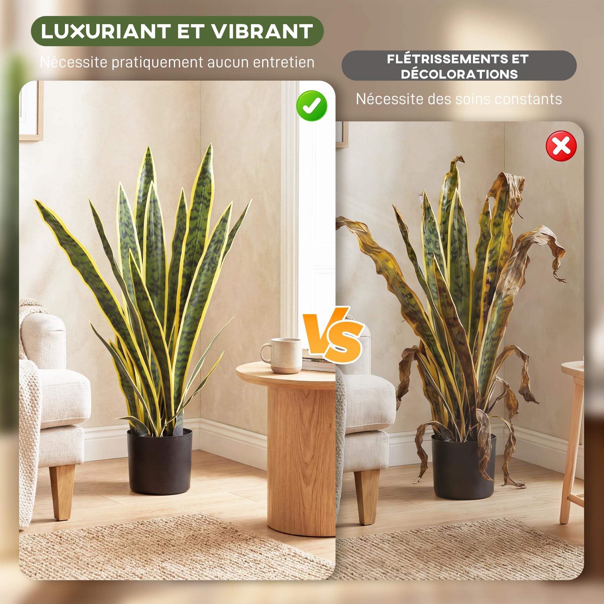 Outsunny Plante Artificielle Sansevieria 77 cm, 21 Feuilles Ajustables | Fausse Plante, Intérieur Extérieur, avec Pot, Facile à Nettoyer, pour Bureau Salon Chambre