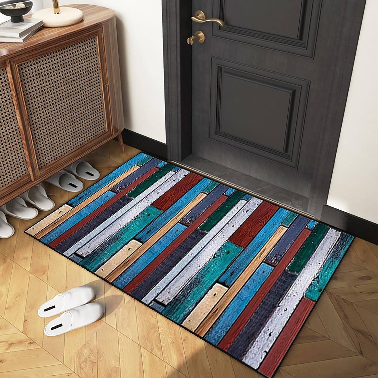 Teppich Läufer Flur Teppichläufer Küchenläufer Küche Teppiche rutschfest Waschbar Bettvorleger für Flur Waschküche, 120x400cm Blaue rote grüne Retro Holzplatte