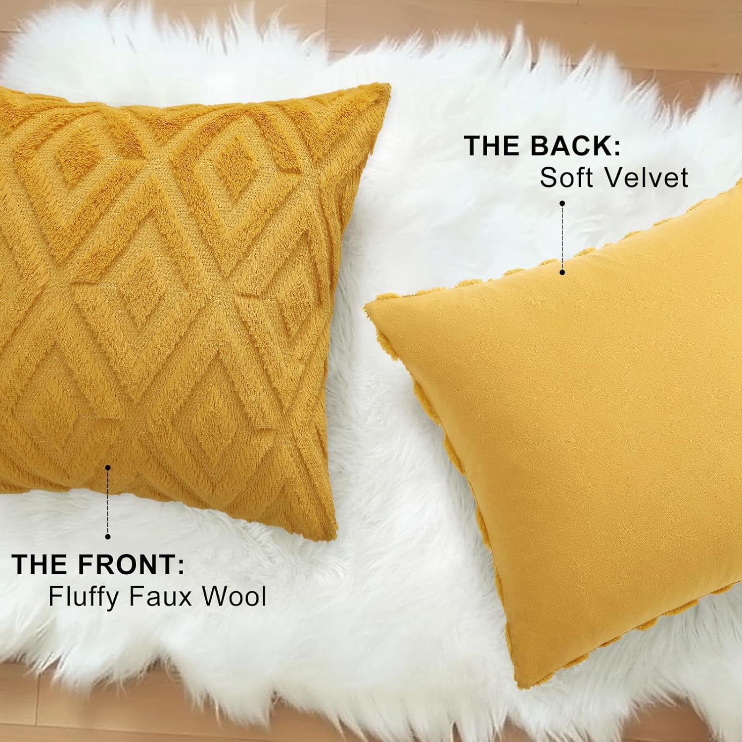 decorUhome Summer Couch Throw Pillow Covers 20x20 Set of 2, Decorative Soft Plush Faux Fur Wool Accent Pillow Covers for Modern Farmhouse Bed Sofa Living Room, Mustard Yellow