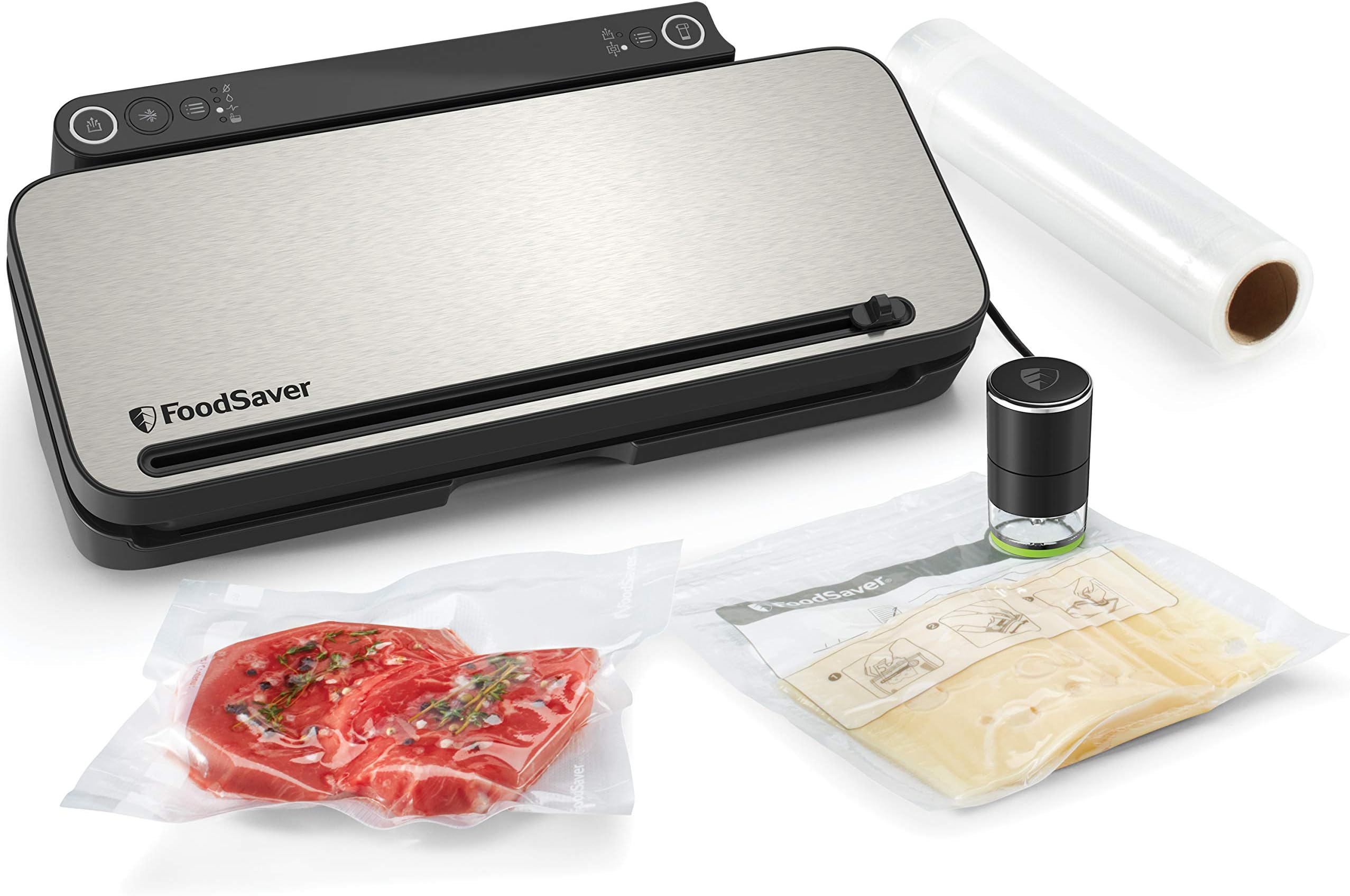 FoodSaver Food Vacuum Sealer Machine | with Handheld Sealer, 1 Roll, 4 Vacuum Sealer Bags & 4 Zipper Bags | Silver with Black Accents [VS3190]