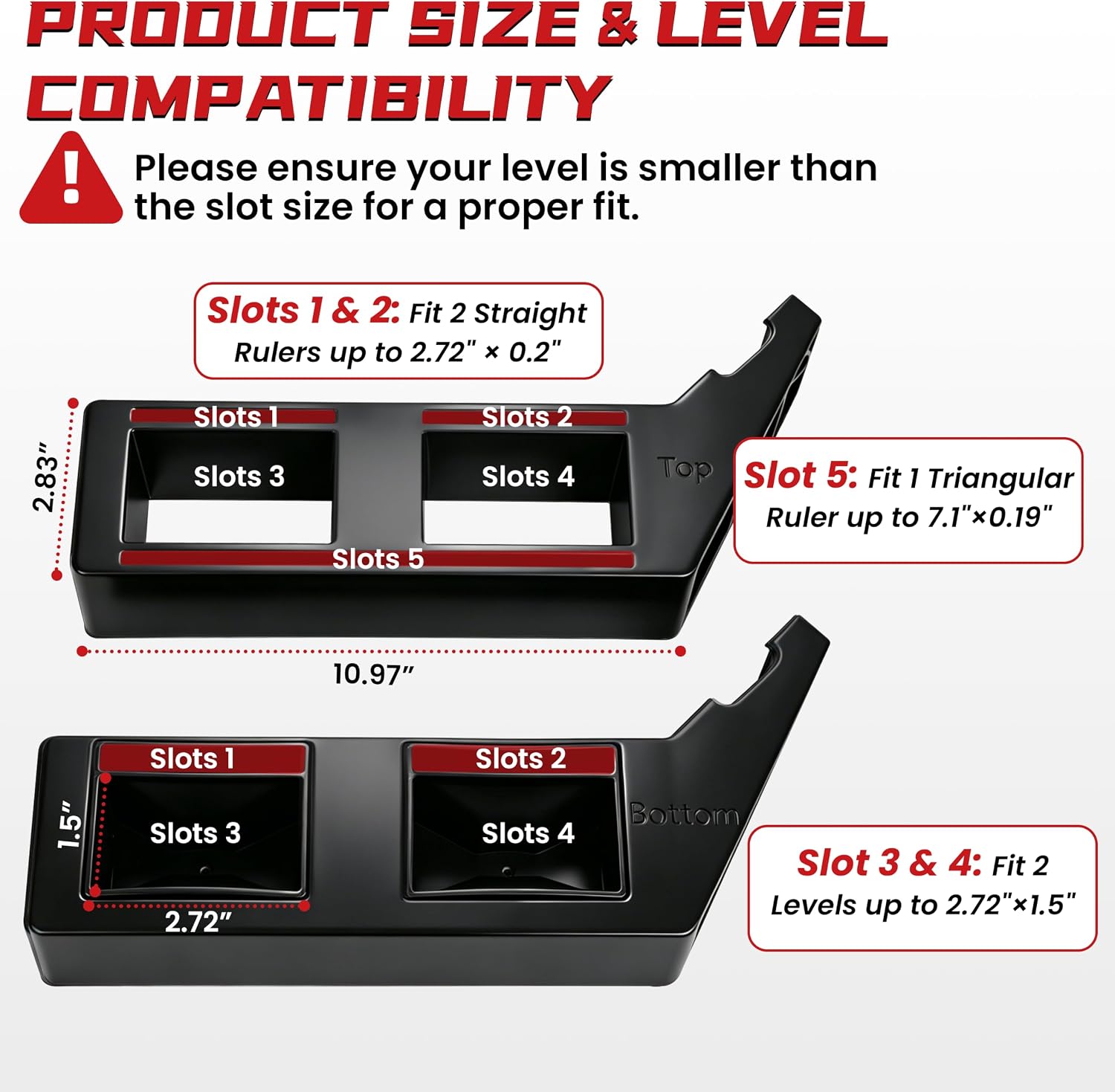 Level Mount Holder Compatible with Milwaukee Packout Toolbox, 5-Slot Level and Ruler Organizer for Milwaukee Packout Accessories, Easy Installation Without Removing Rails