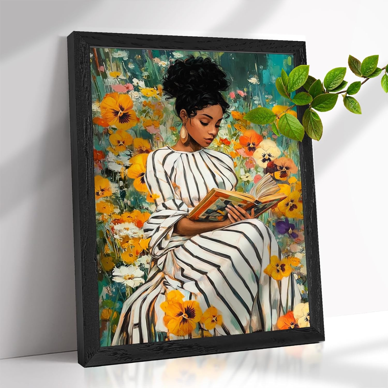 TavoIinda African American Woman Reading in Flower Garden Framed Canvas Wall Art - Botanical Literary Canvas Print on Wood Frame, Inspiring Library & Bedroom Home Decor