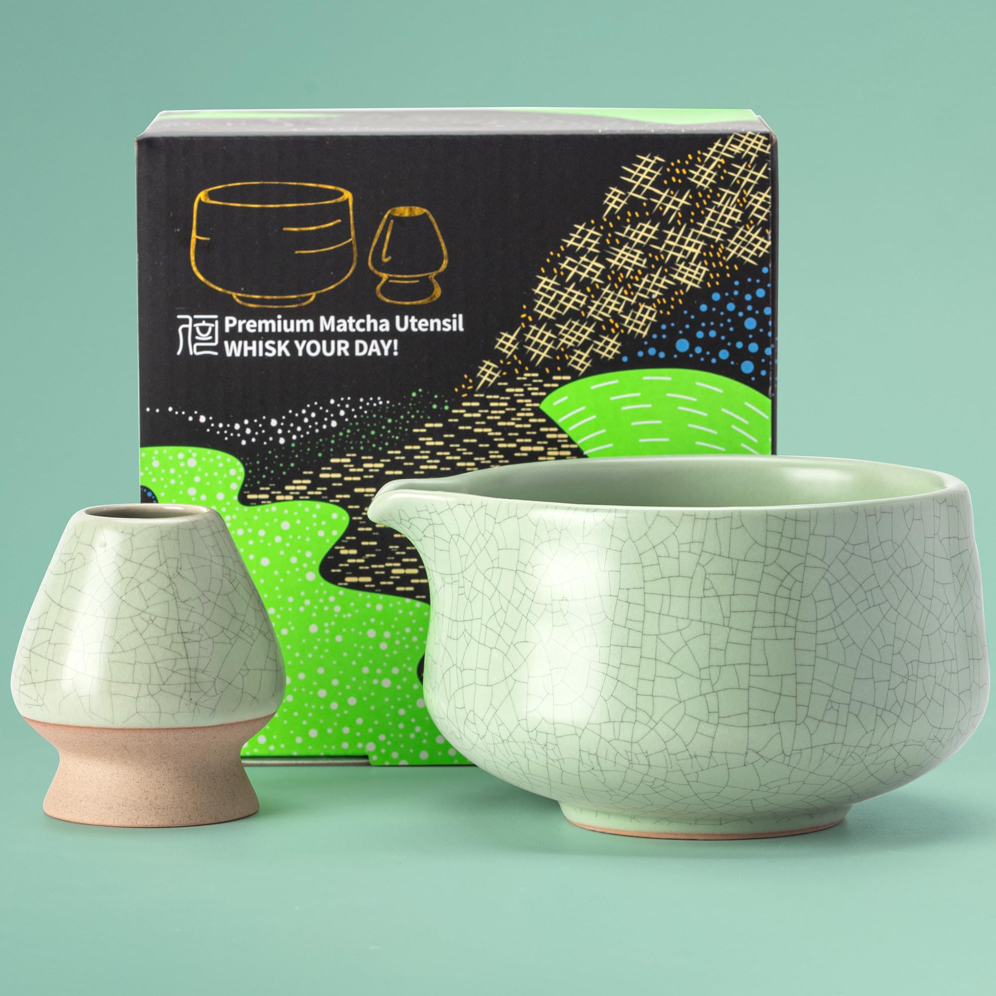 TEANAGOO Matcha Bowl with Spout,Ceramic Matcha Bowl Set and Whisk Holder,2 PCS Macha Chawan 17.2oz/510ml,Matte Light Green with Black Seam with Stand,Green Tea Bowl,Gift Set for Lover