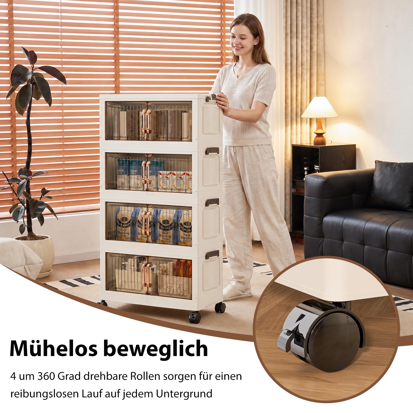 4-Ebenen Aufbewahrungsbox mit Deckel Faltbare (50cm Breite) | Plastik Stapelboxen auf Rollen 30 L Pro Ebene 120 L für Haus und Büro Organisation und Lagerung
