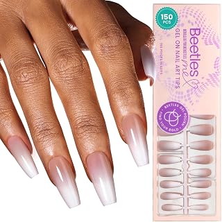 Beetles Press on Nails- 150 PCS 4 in 1 Ombre Gel Nail Tips Rosy Brown Medium Coffin Press ons Pre-applied Primer & Base Coat Glue on Nail Tips, No Need to File Fake Nails DIY Nails Gift for Women