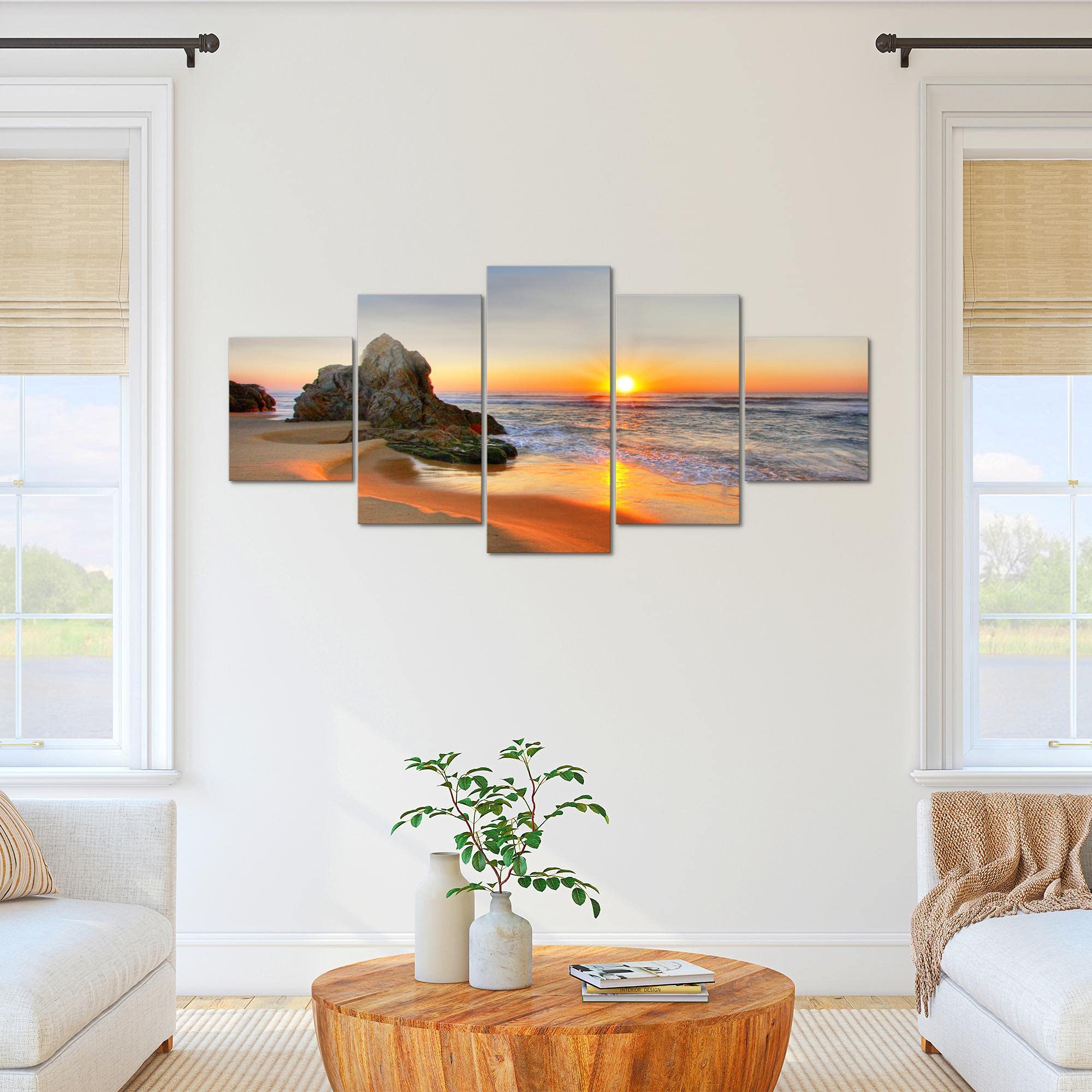 Runa Art - Cuadros Decorativos Amanecer Playa 200 x 100 cm 5 Piezas XXL Decoracion de Pared Diseño Naranja 609551a
