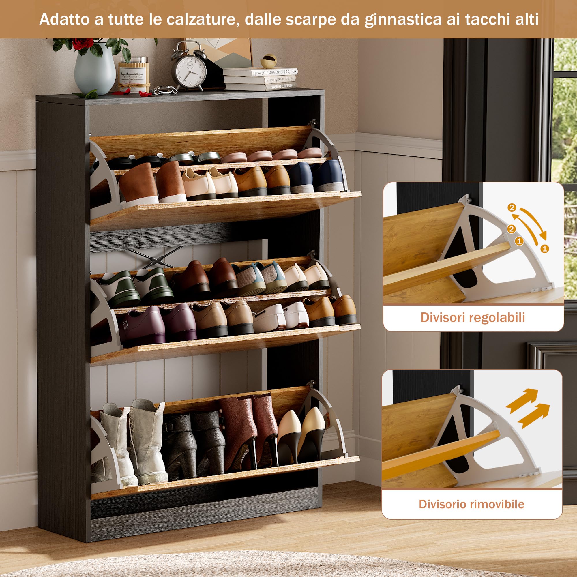 Scarpiera Salvaspazio Slim Scaffali portascarpe Slim Scarpiera a 3 ante Può contenere 24-30 paia di scarpe 80x24x118cm Nero e Arancione (EUR≤45)