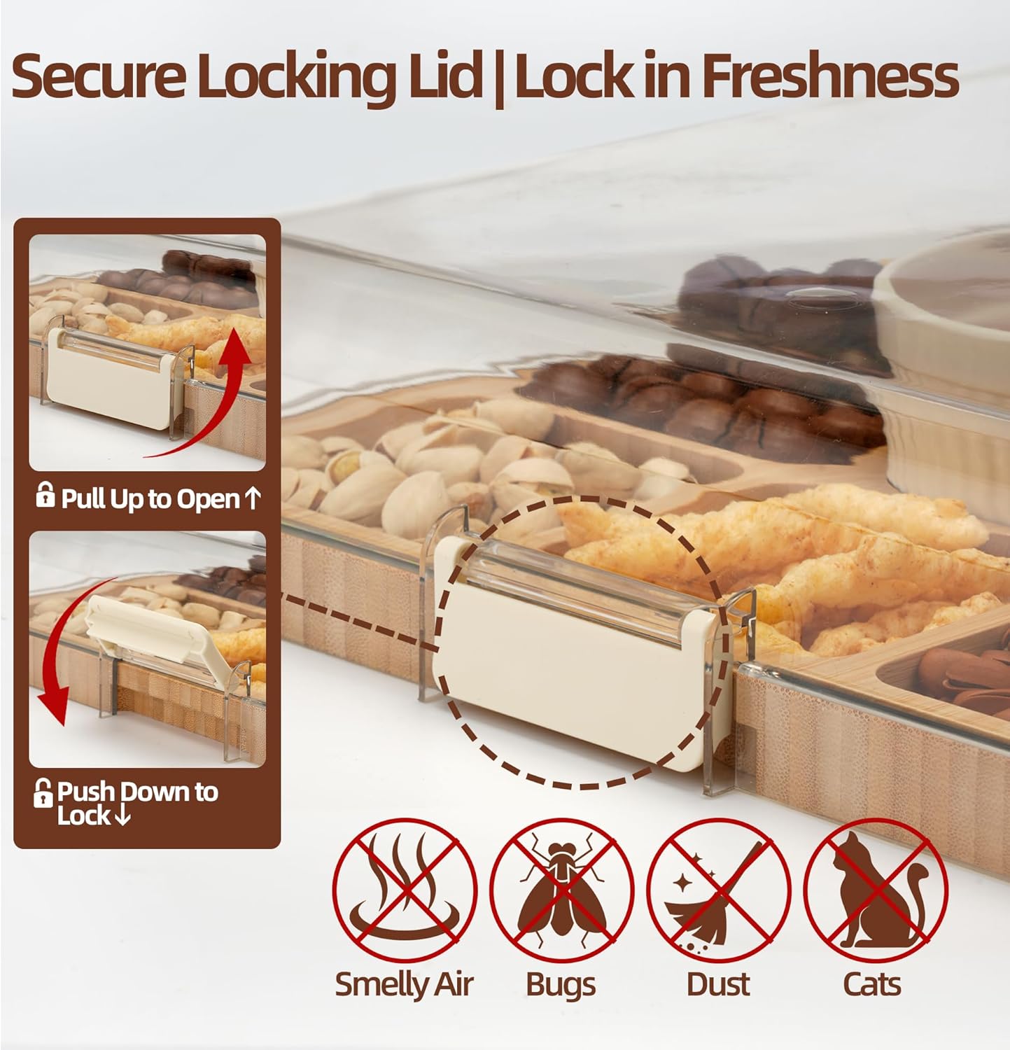 WILLKOMMEN Charcuterie Board with Lid- 5 Compartment Carbonized Bamboo Serving Tray with Locking Lid, Square Serving Platter Divided Serving Dishes for Party Cheese Snack Fruit - Image 3