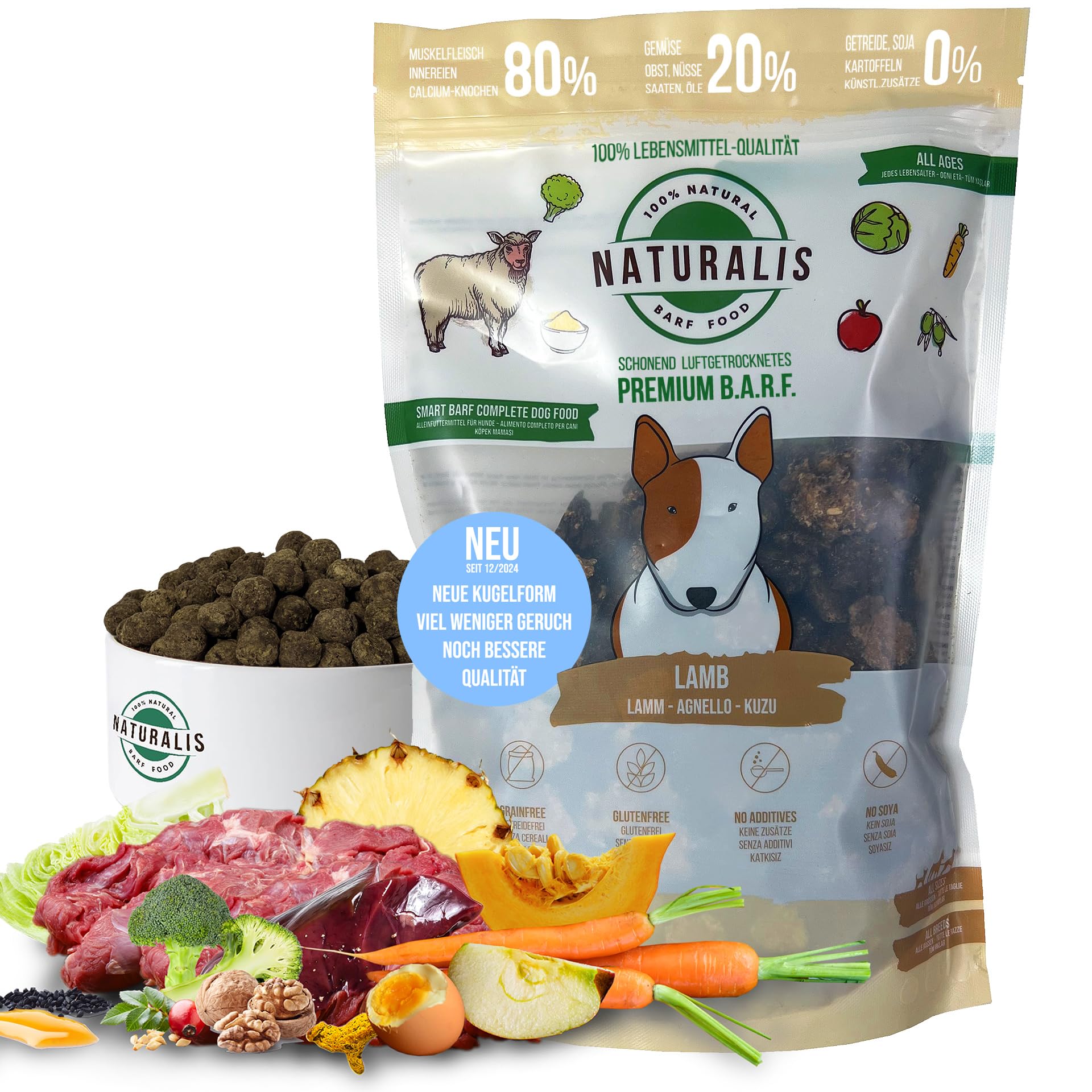 Naturalis Smart 80 Barf sucha karma dla psów 5 kg z jagnięciną, pasza kompletna bez dodatków, bezzbożowa, bez soi, bezglutenowa, hipoalergiczna