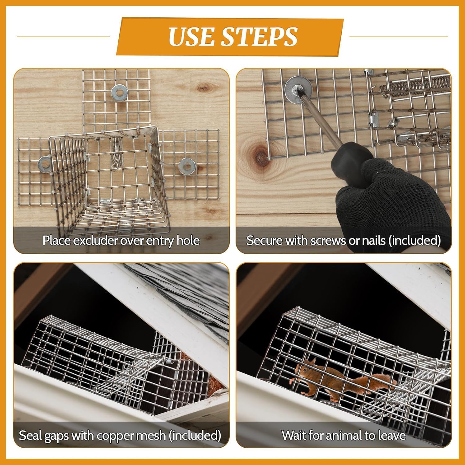 3Sets One Way Squirrel Door Excluders, 3 × 3 × 9inch Animal Excluder Cage, Humane Squirrels, Chipmunks Contactless Excluder, for Outdoor Spaces Like Attics, Chimneys - Includes Full Installation Kit