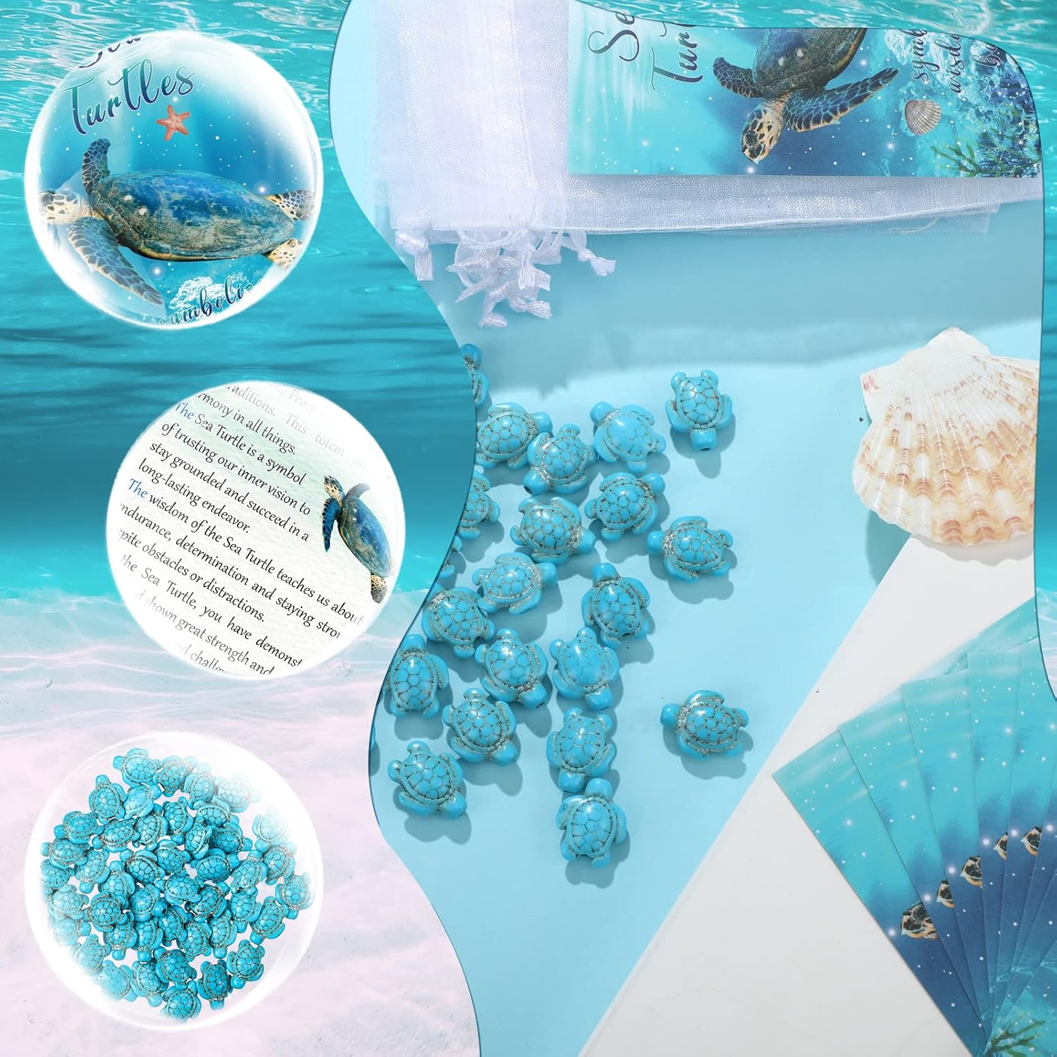135 Pcs Sea Turtle Story Gifts Mini Keepsake Appreciation Notecards Set Turtle Story Wallet Sized Cards Employee Gifts Drawstring Bags and Starfish Charms for Teacher Women Men