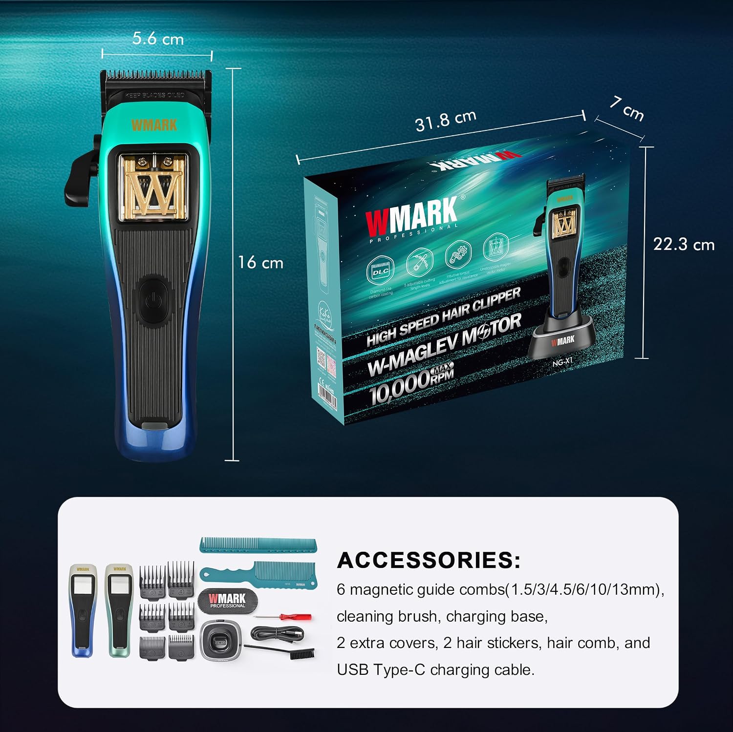 WMARK Professional Cordless Hair Clipper for Barbers, Stylists - Men’s Grooming - 10000 RPM Maglev Motor, DLC Zero-Gapped Fade Blade, 3 Gradient-Colored Modular Lids & Rich Accessories, NG-X1 Polar