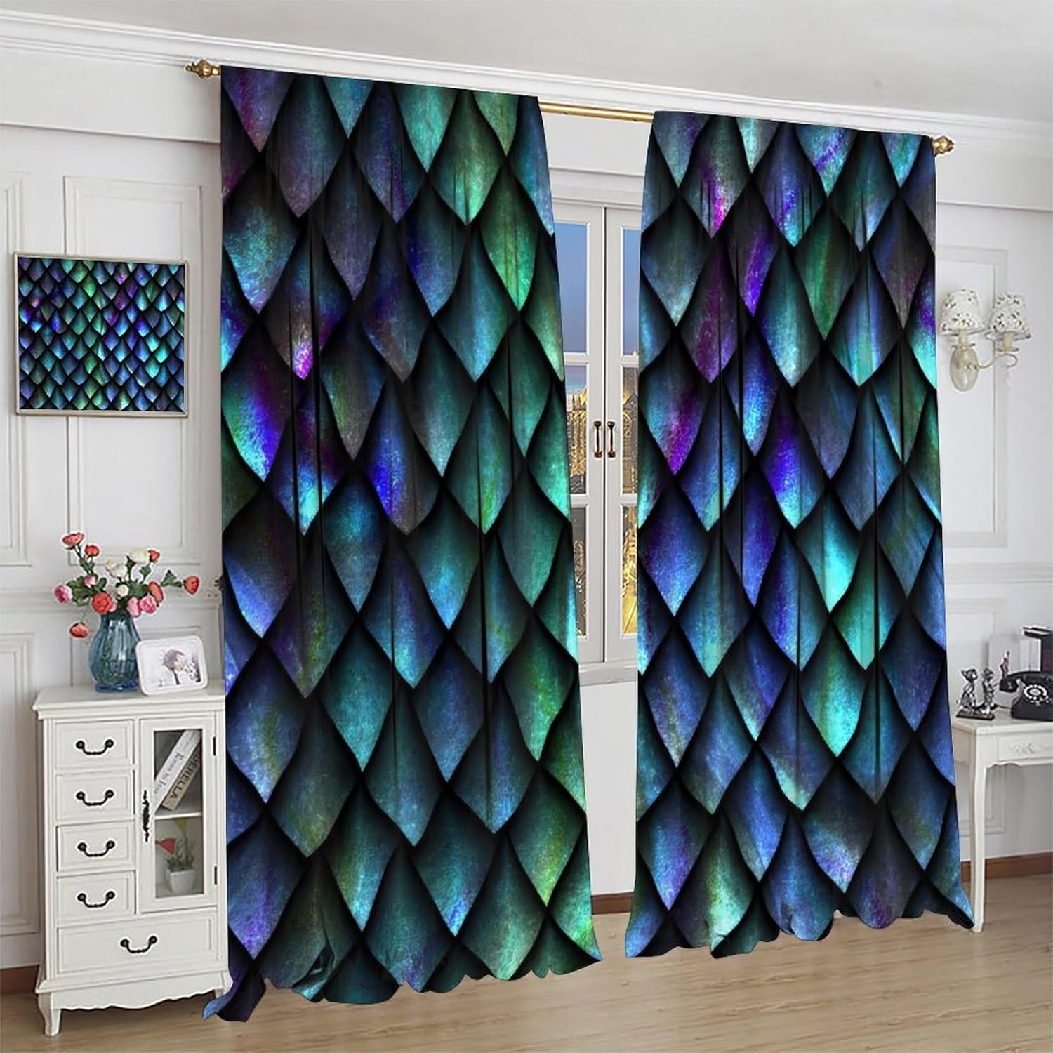 Dragon Scale Blackout Curtains, Dreamy Pastel Purple Watercolor Metal Dragon Scale Home Window Decoration Pattern for Bedroom Living Room Curtains42X45 Inch