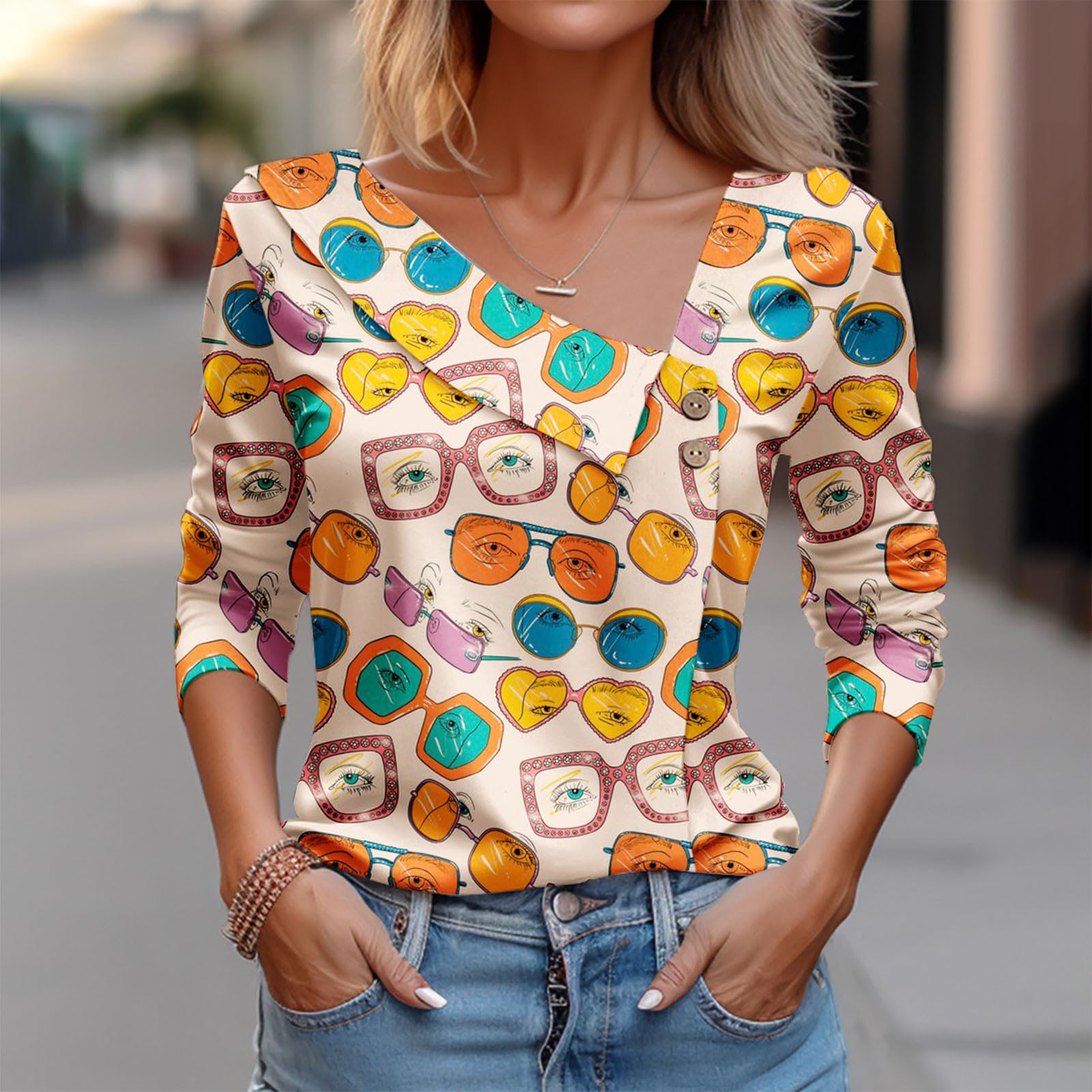 Women Tops Spring 2025 Long Sleeve V Neck Loose Shirts Plaid Print Asymmetric Button Blouses Business Casual Tunic