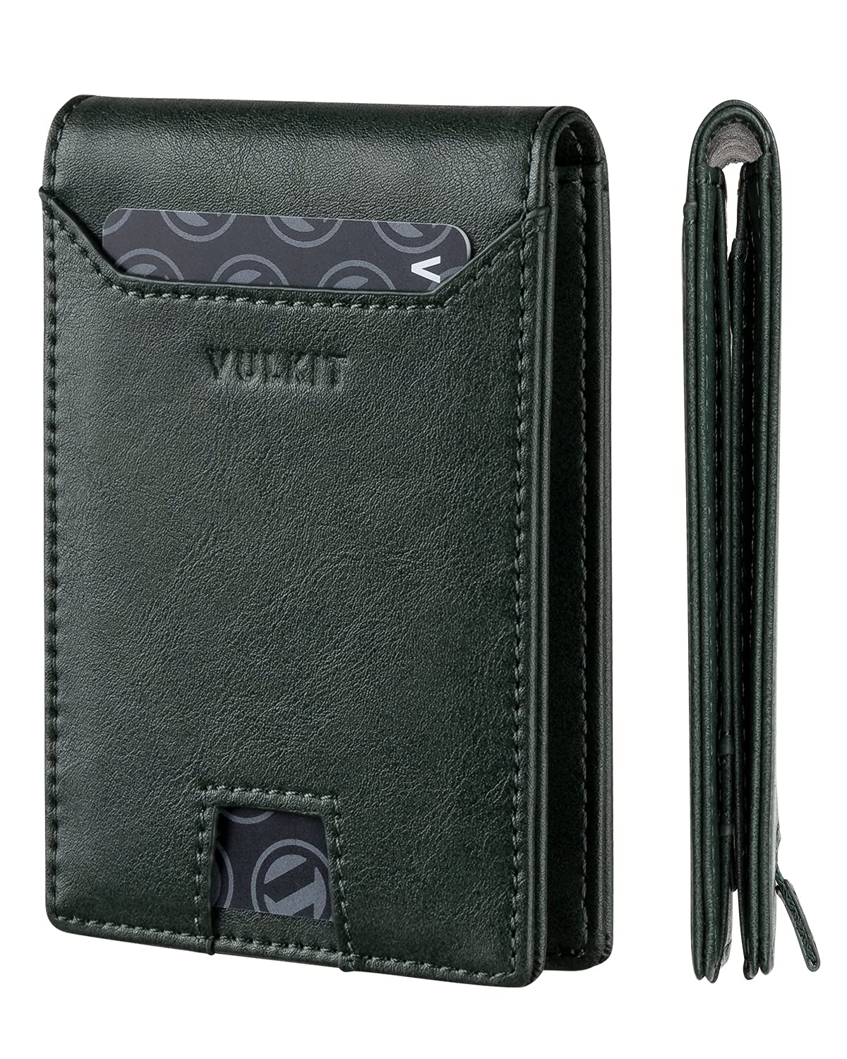 VULKIT Mens Card Wallet Leather RFID Blocking Credit Card Holder with ID Window & Pull Tab, Bifold Pocket Wallet Thin Travel Card Holder