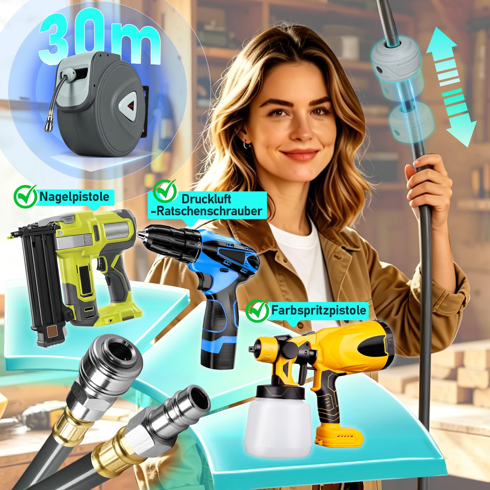 Druckluftschlauch, 30m Kompressor Schlauchtrommel Automatik Druckluftschlauchtrommel Aufroller, Schnellkupplung 1/4'', Wandhalterung Druckluftschlauch-trommel für Kompressor Werkstatt, Grau