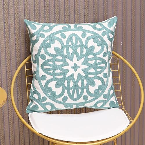 Miniatura 4 de Juego de 2 fundas de almohada decorativas bordadas, estilo bohemio, lona de algodón, para patio, sofá, sala de estar, 18 x 18 pulgadas (18 x 18