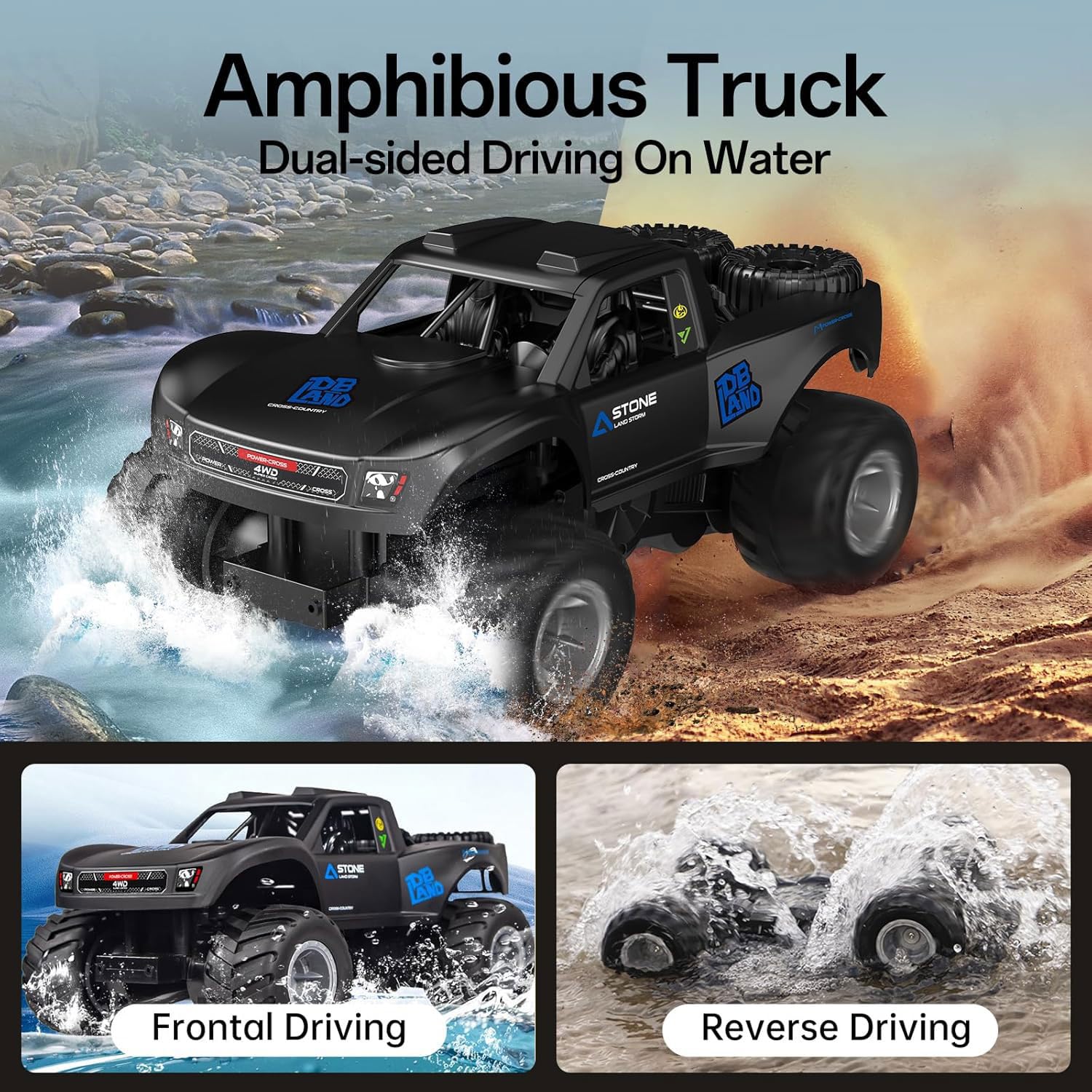 Ferngesteuertes Auto, Amphibien-RC-Truck, Monster-RC-Auto, Wasserdichtes Outdoor-Spielzeug Für Kinder, Geländewagen, Allradfahrzeuge, Geländewagen Mit 2 Wiederaufladbaren Batterien, Geschenke