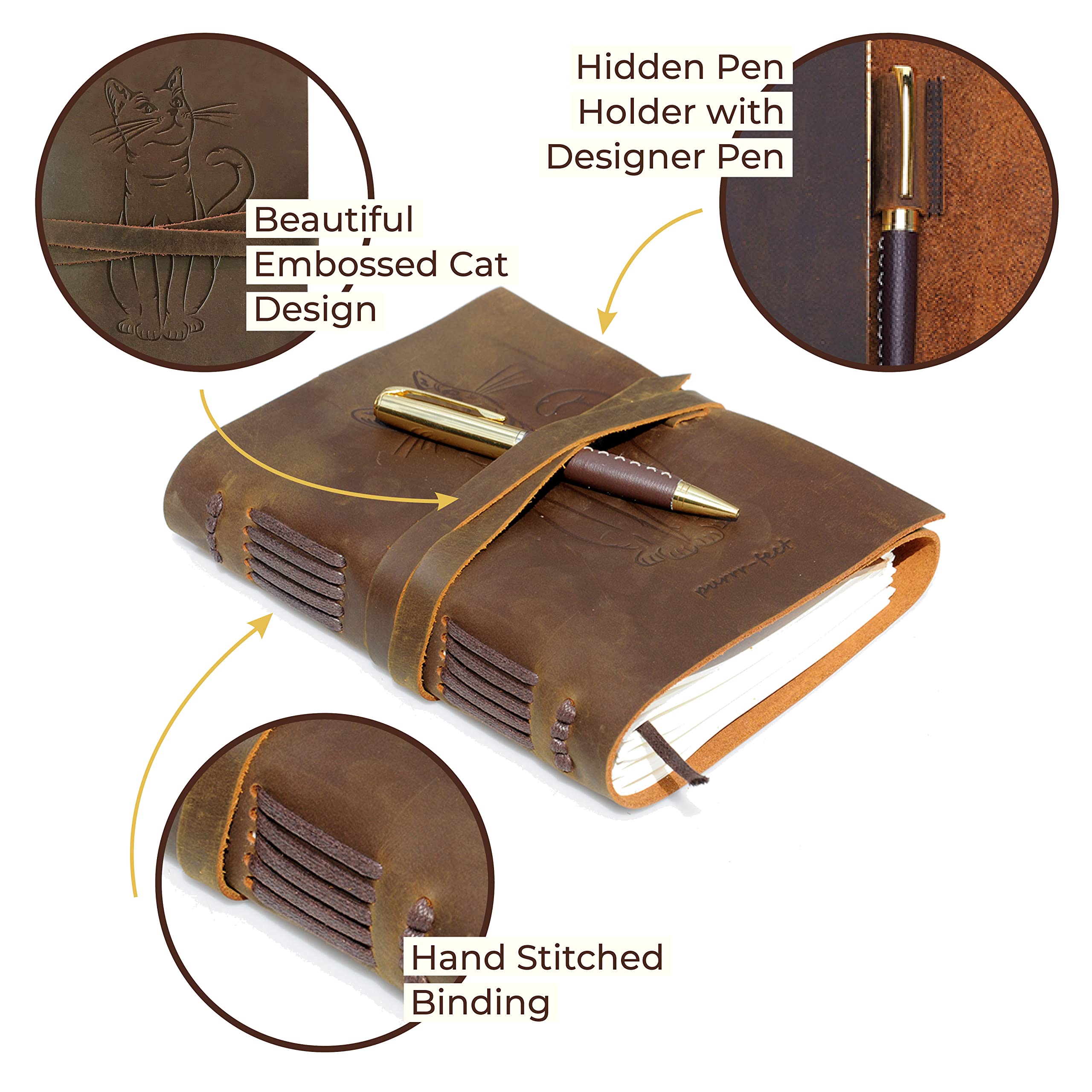 Sovereign-Gear Quaderno Appunti in Pelle Gatti – A5 Diario di Viaggio Taccuino Pelle Donna e Uomo Fatto a Mano – Agenda Pelle con Fogli Bianchi – 21 x 15 cm (8" x 6") – Idee per Regali Originali