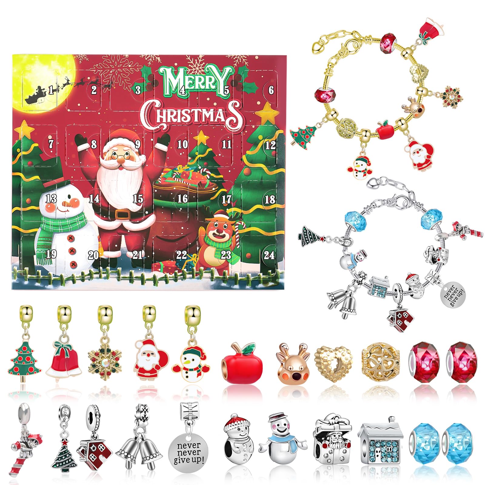 24 Days Xmas Advent Calendar Snowman Bracelet Making Kit, Surprise DIY Jewelry Bracelets, Creative Christmas Gift for Age 5-18 Girls